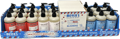 MRS MEYERS 12.5oz SUMMER FAVORITES HAND SOAP DISPLAY.