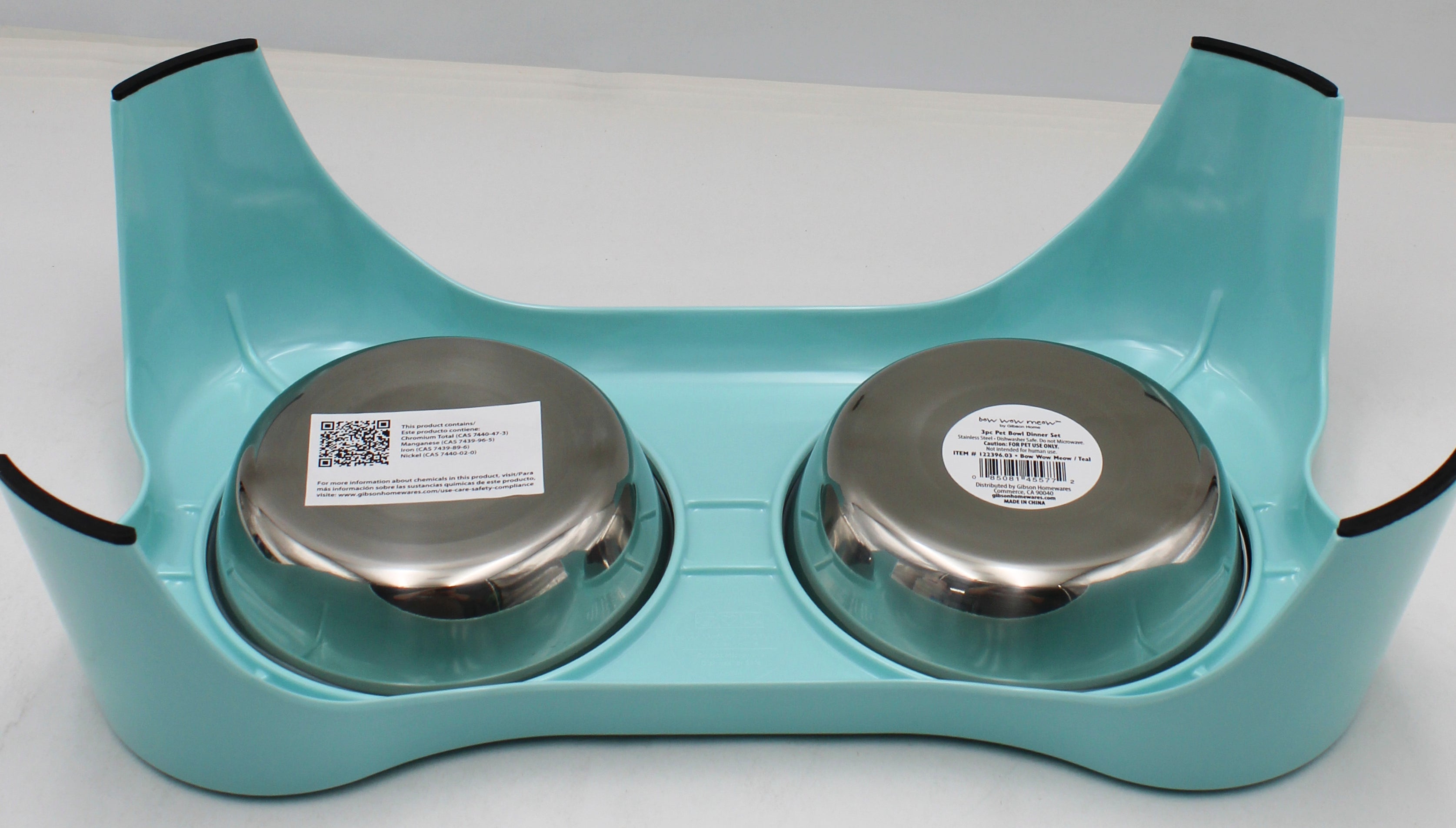 GIBSON HOME BOW WOW MEOW 3pc ELEVATED PET BOWL SET TEAL NI