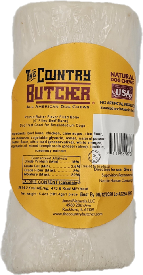 THE COUNTRY BUTCHER NATURAL DOG CHEWS PEANUT BUTTER 1CT FILLED BONE 6.4oz BB 12/2/26