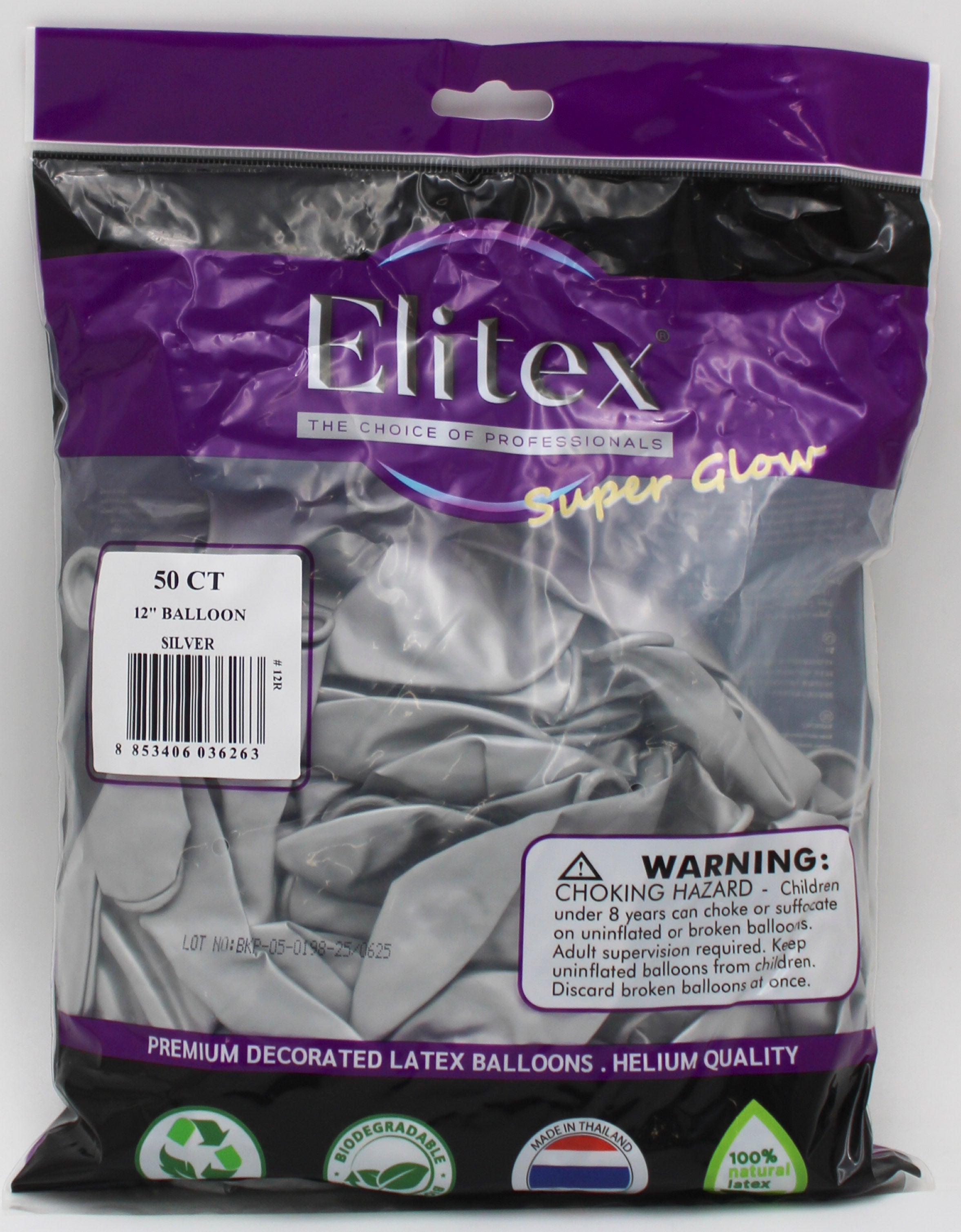 ELITEX 12" SUPERGLOW SILVER ROUND BALLOON, 50 PACK