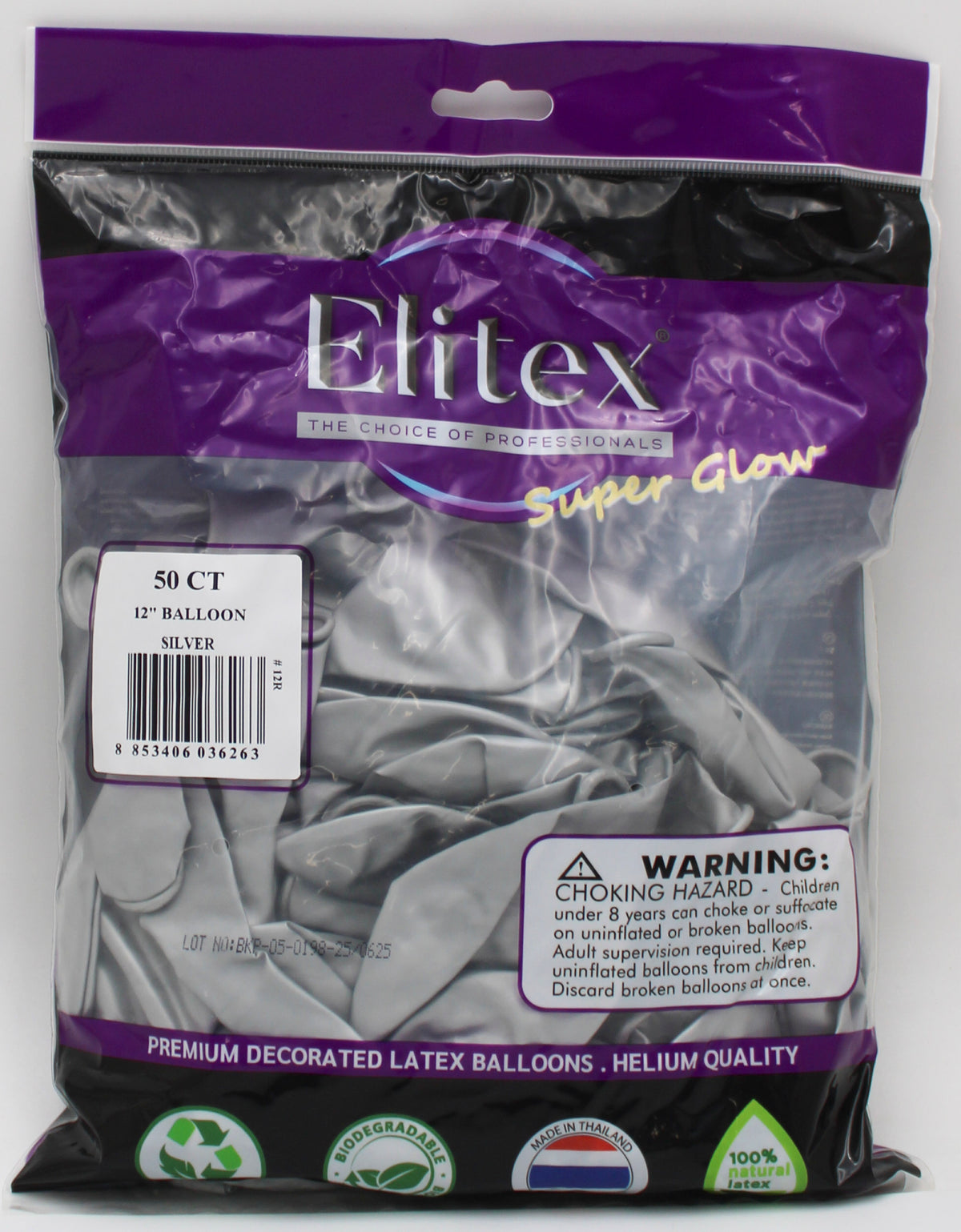ELITEX 12" SUPERGLOW SILVER ROUND BALLOON, 50 PACK