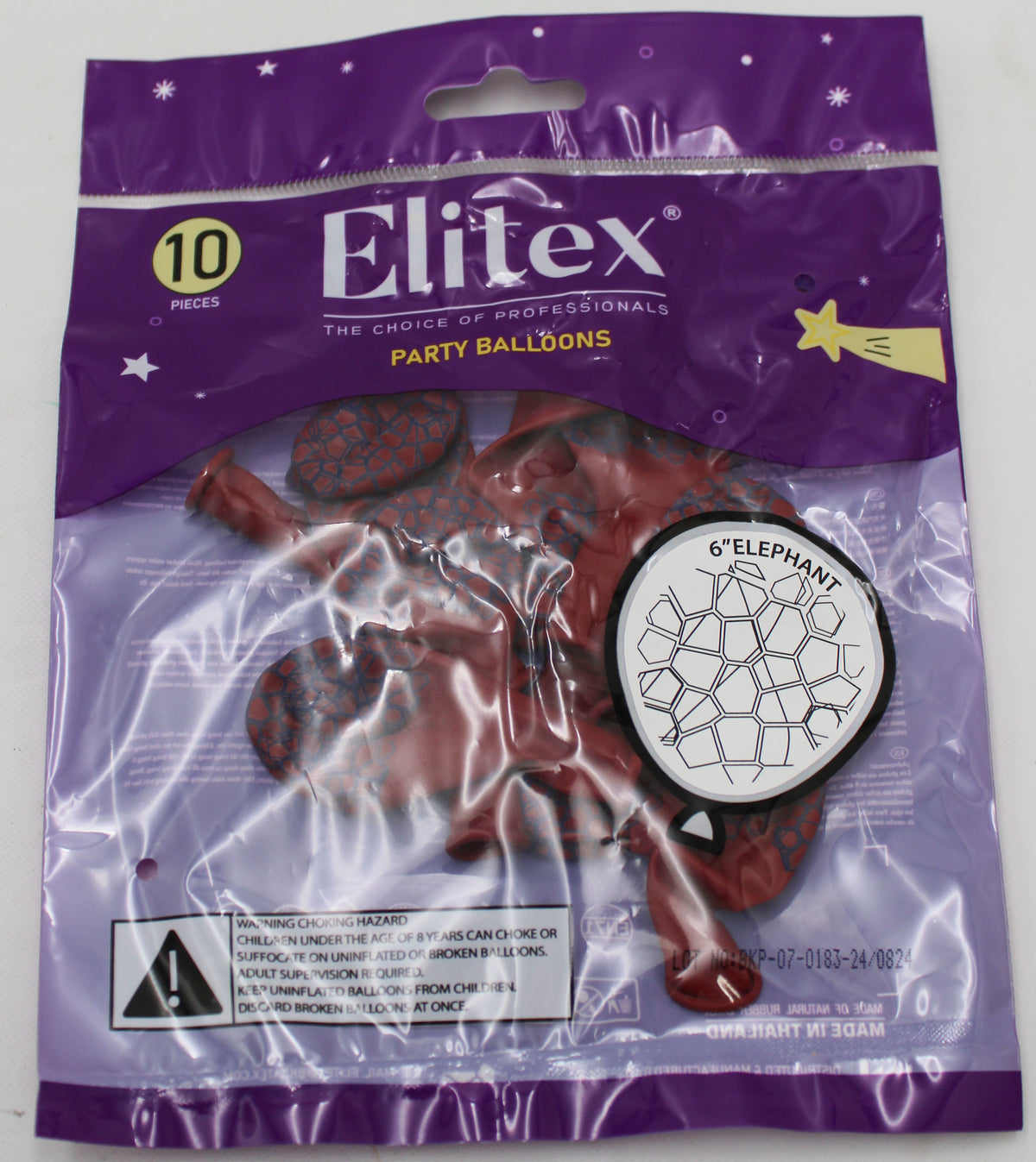 ELITEX 6" ELEPHANT PRINTED BALLOON, RED WINE/BLUE, 10 PACK