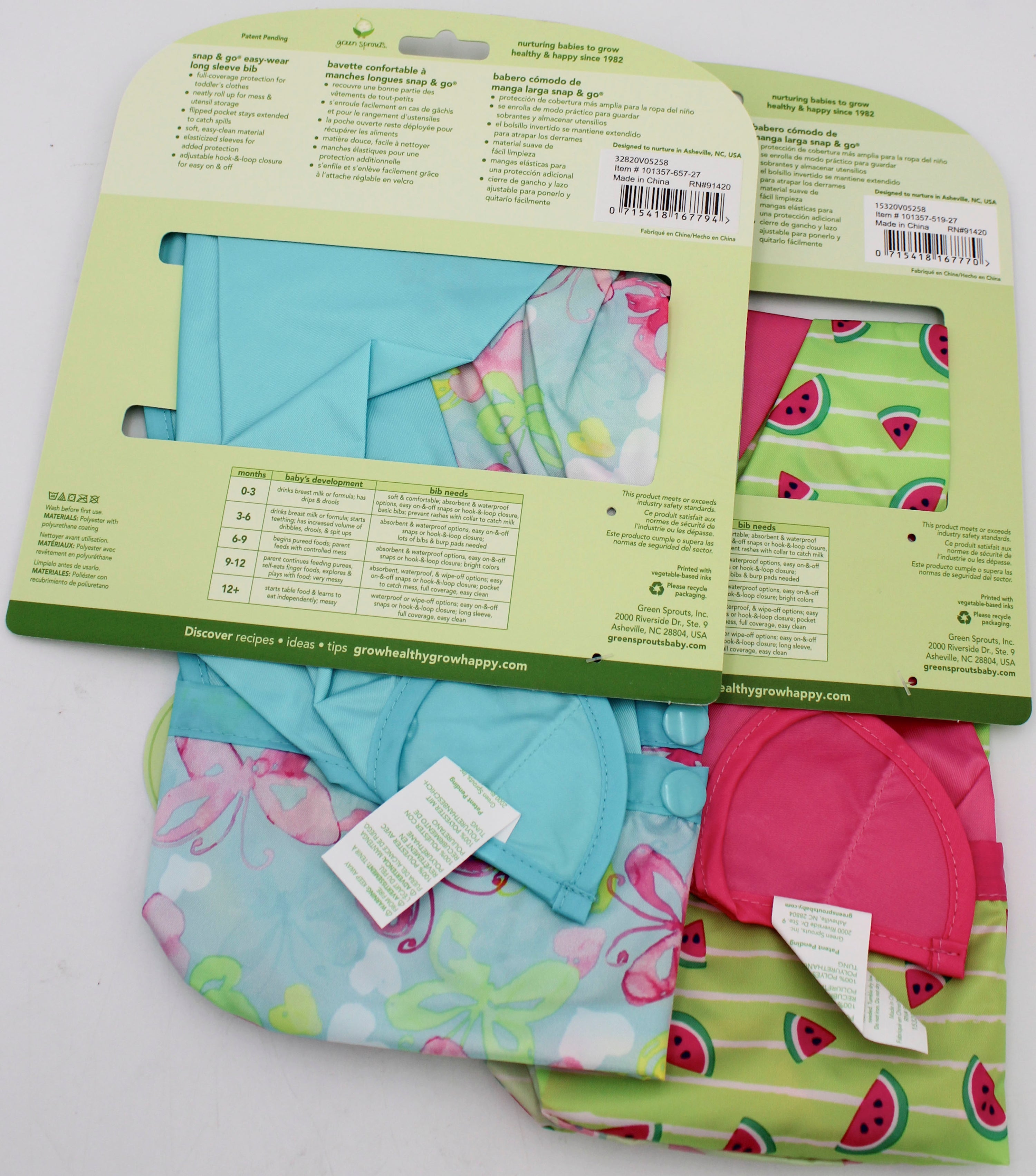 O2COOL SNAP & GO EASY WEAR LONG SLEEVE BIB - BUTTERFLIES & WATERMELON - 2T-4T NI