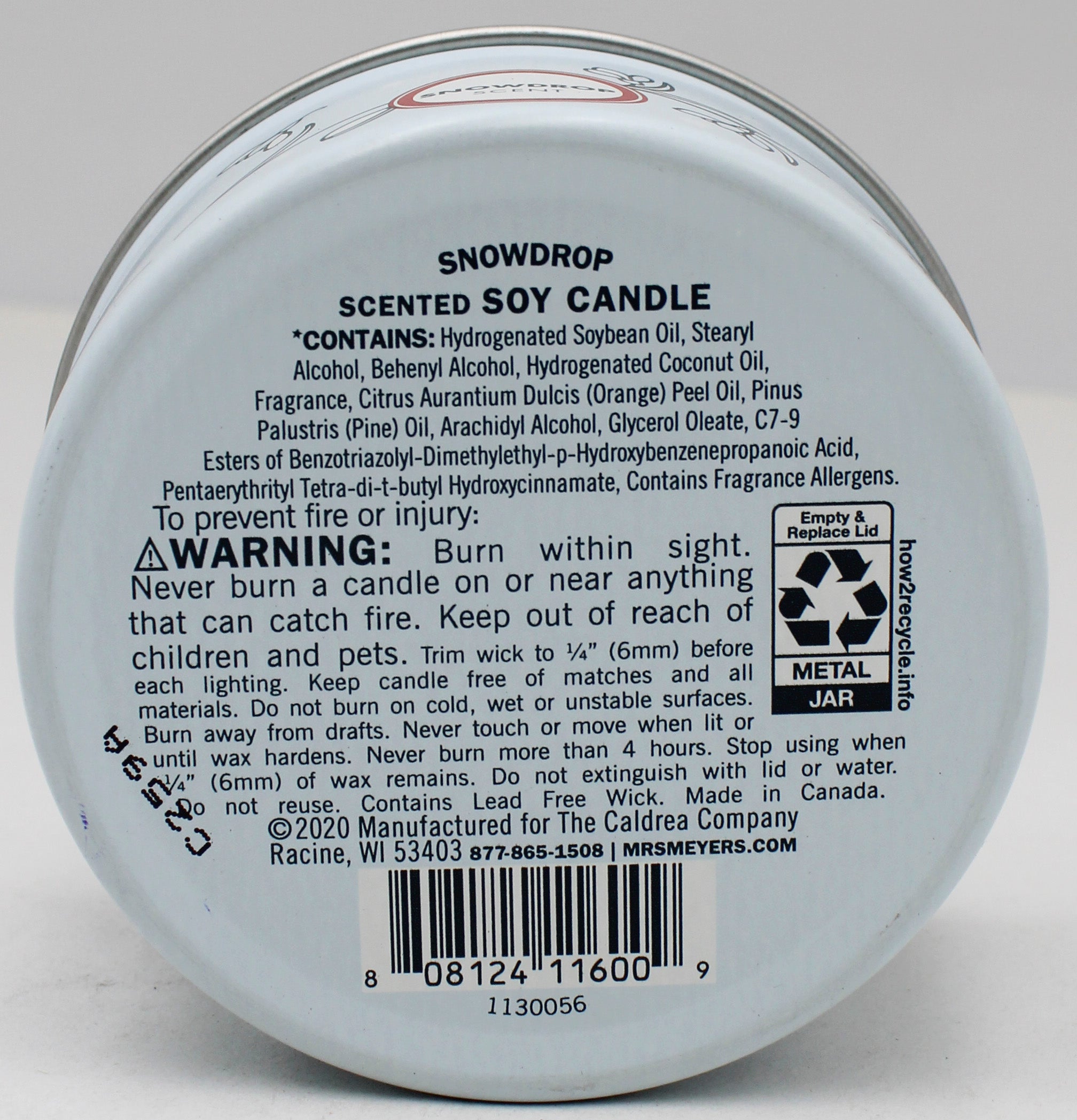 MRS MEYERS TIN CANDLE SNOW DROP 2.9 oz