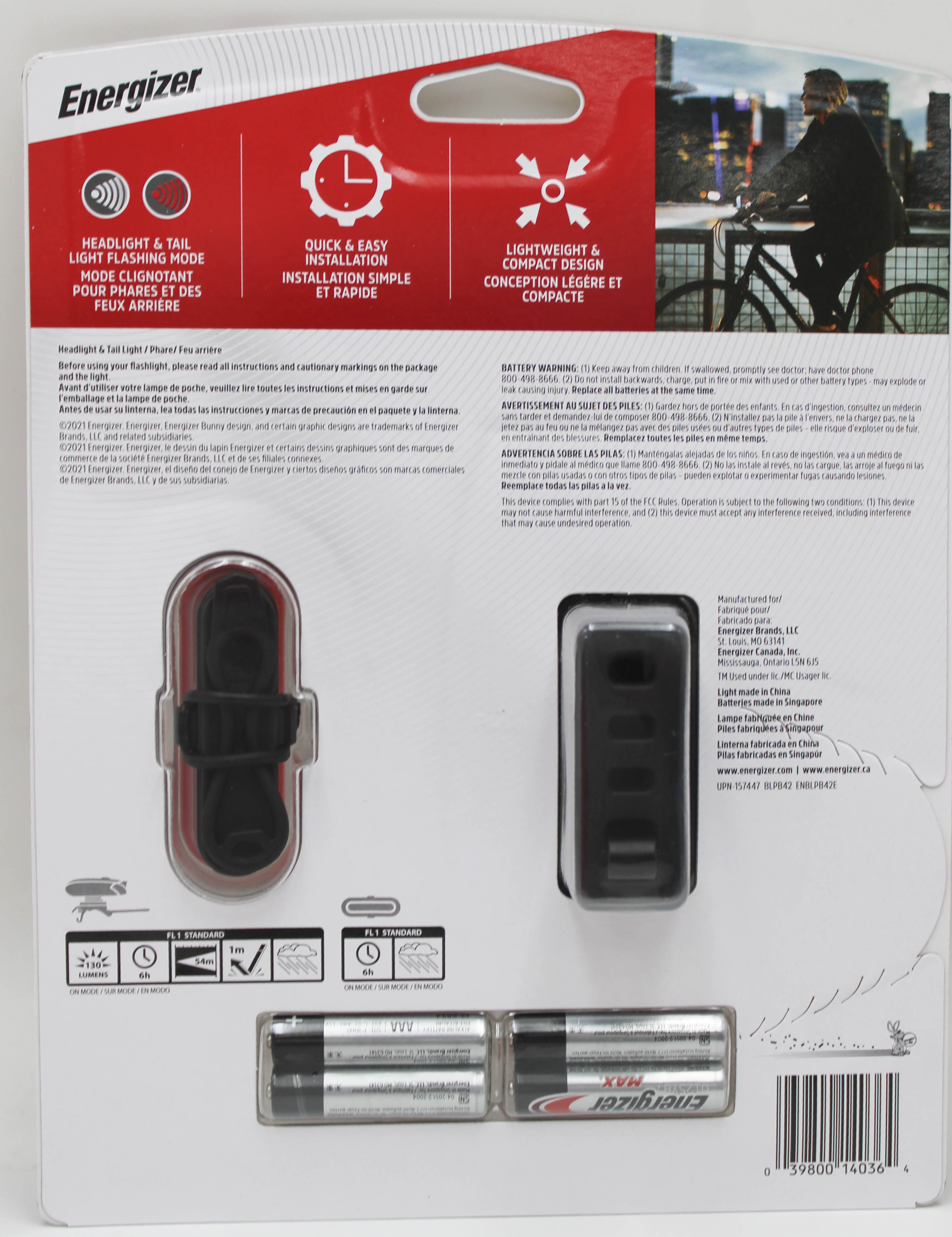 ENERGIZER BIKE LIGHT 130 LUMEN BATTERIES INCLUDED