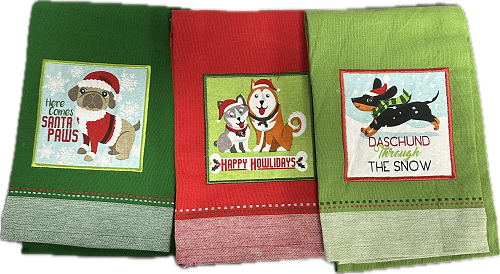 HOLIDAY PUP EMBELLISHED DISH TOWEL - ASSORTED