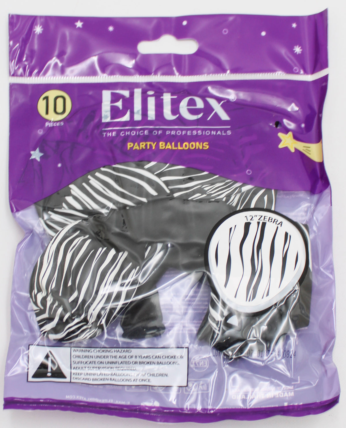 ELITEX 12" BLACK ZEBRA PRINTED BALLOON, 10 PACK