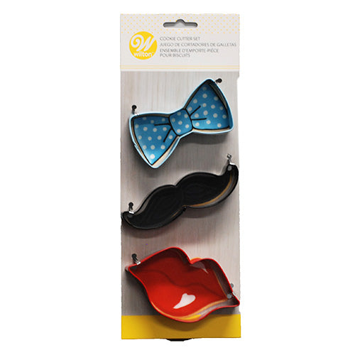 WILTON COOKIE CUTTER SET COLORED METAL LIPS MUSTACHE TIE 3CT