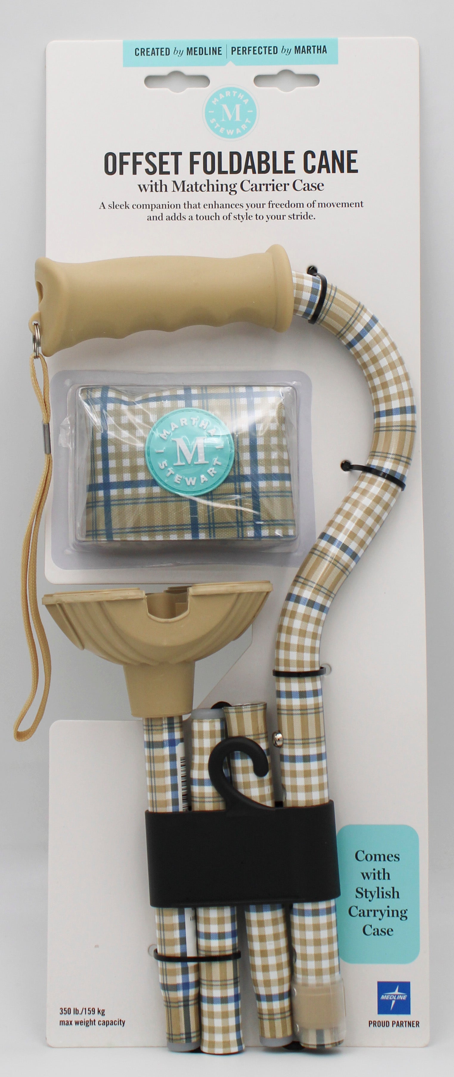 MARTHA STEWERT FOLDING CANE OFFSET HANDLE 4-POINT TIP W/CASE - PLAID NI