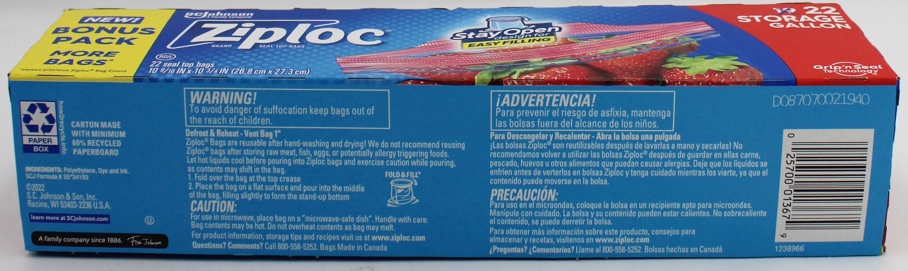 SP ZIPLOC BAG STORAGE 22CT GALLON.