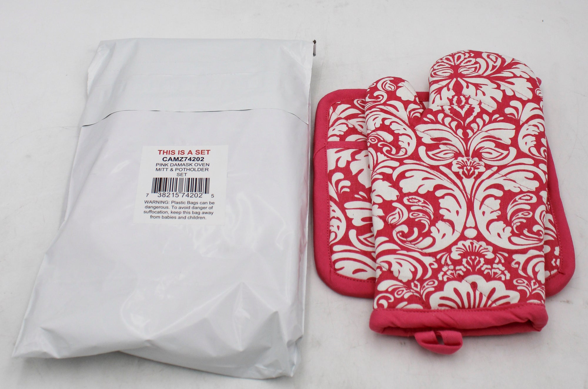 2 CT OVEN MITT & POTHOLDER SET - PINK DAMASK