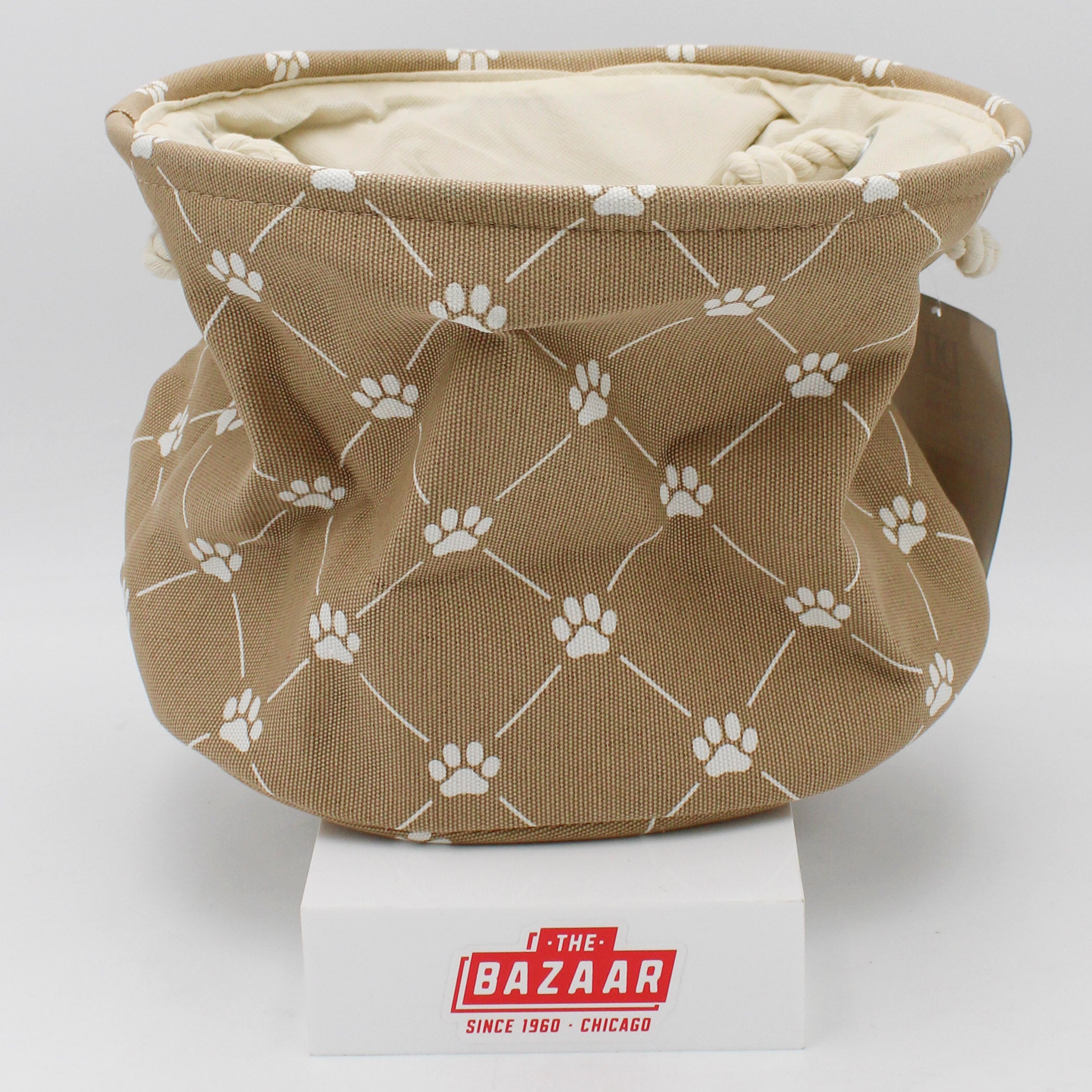 POLYESTER PET BIN TRELLIS PAW TAUPE ROUND SMALL 9x12x12