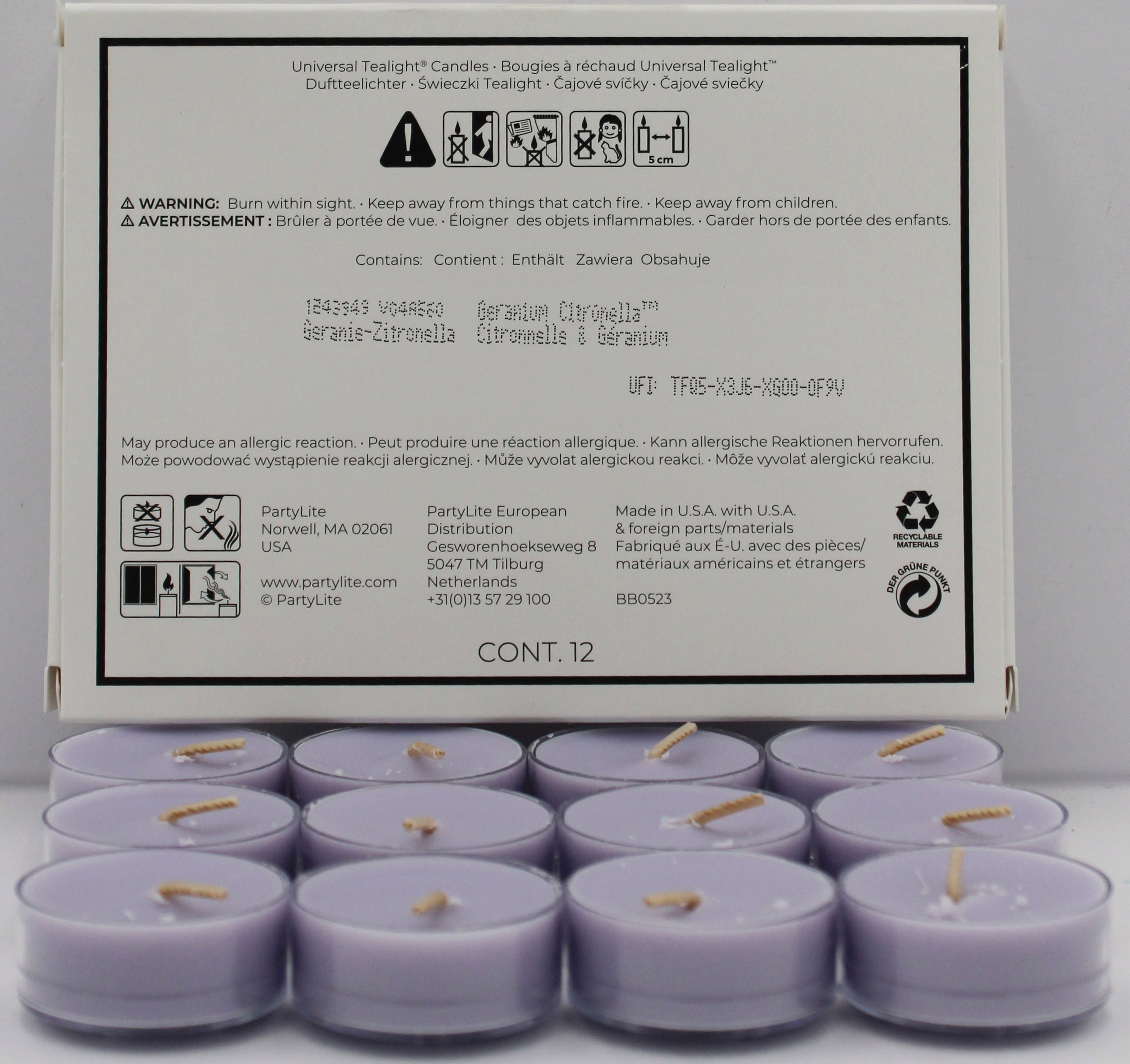 PARTYLITE GERANIUM CITRONELLA UNIVERSAL 12-PIECE TEALIGHT CANDLES