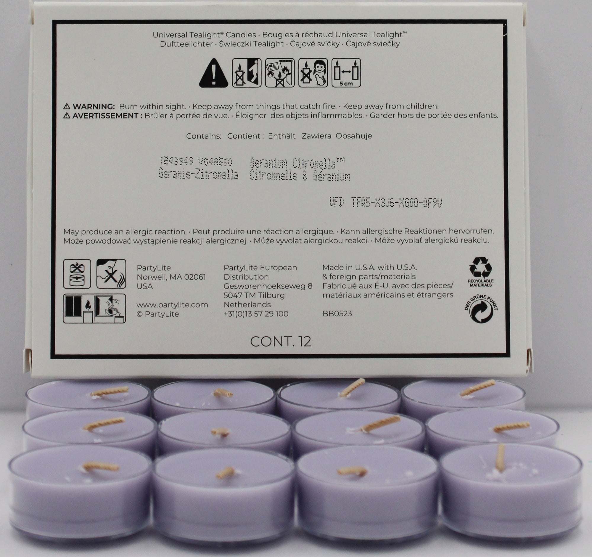 PARTYLITE GERANIUM CITRONELLA UNIVERSAL 12-PIECE TEALIGHT CANDLES