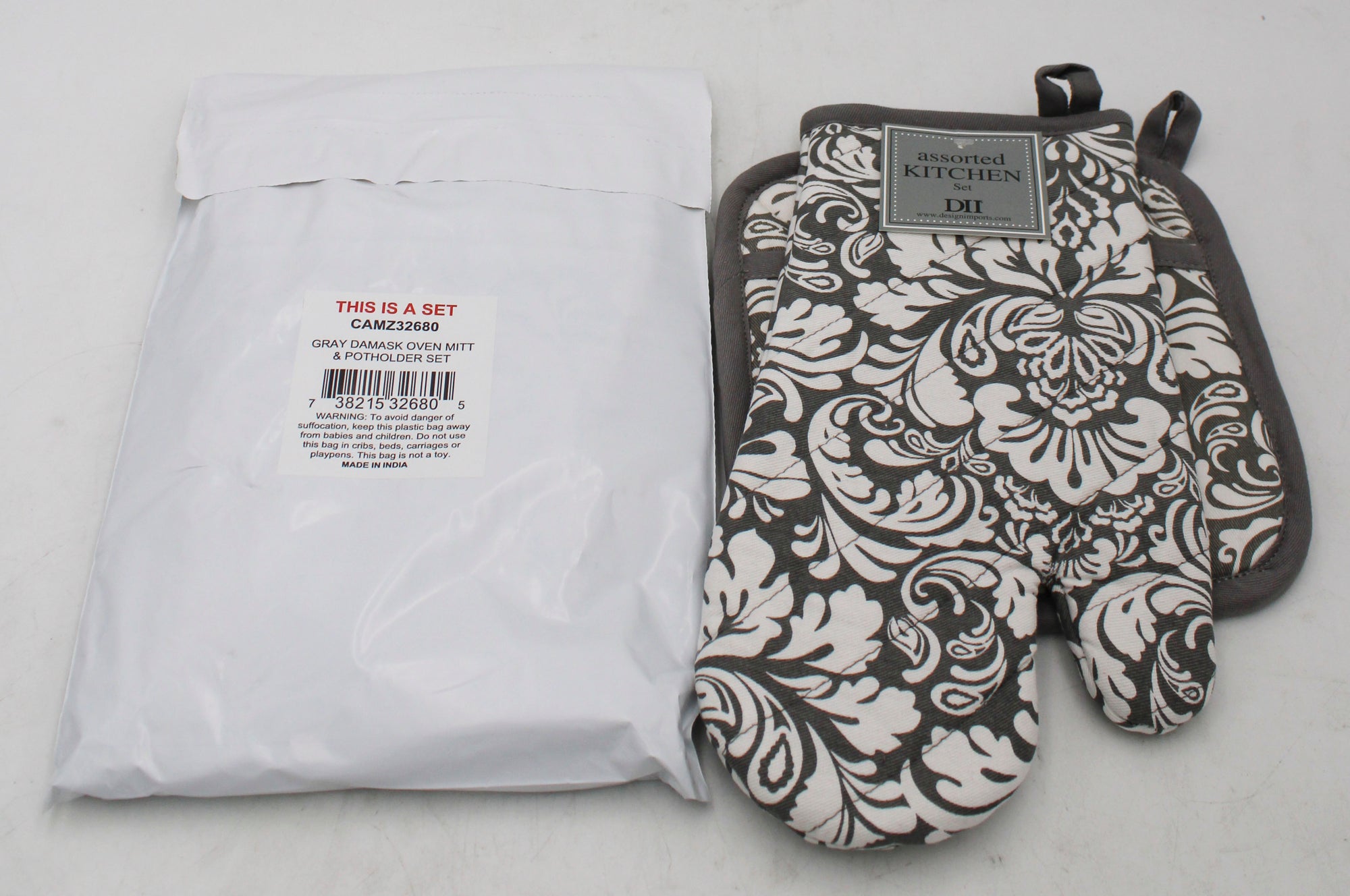 2 CT OVEN MITT & POTHOLDER SET - GRAY DAMASK