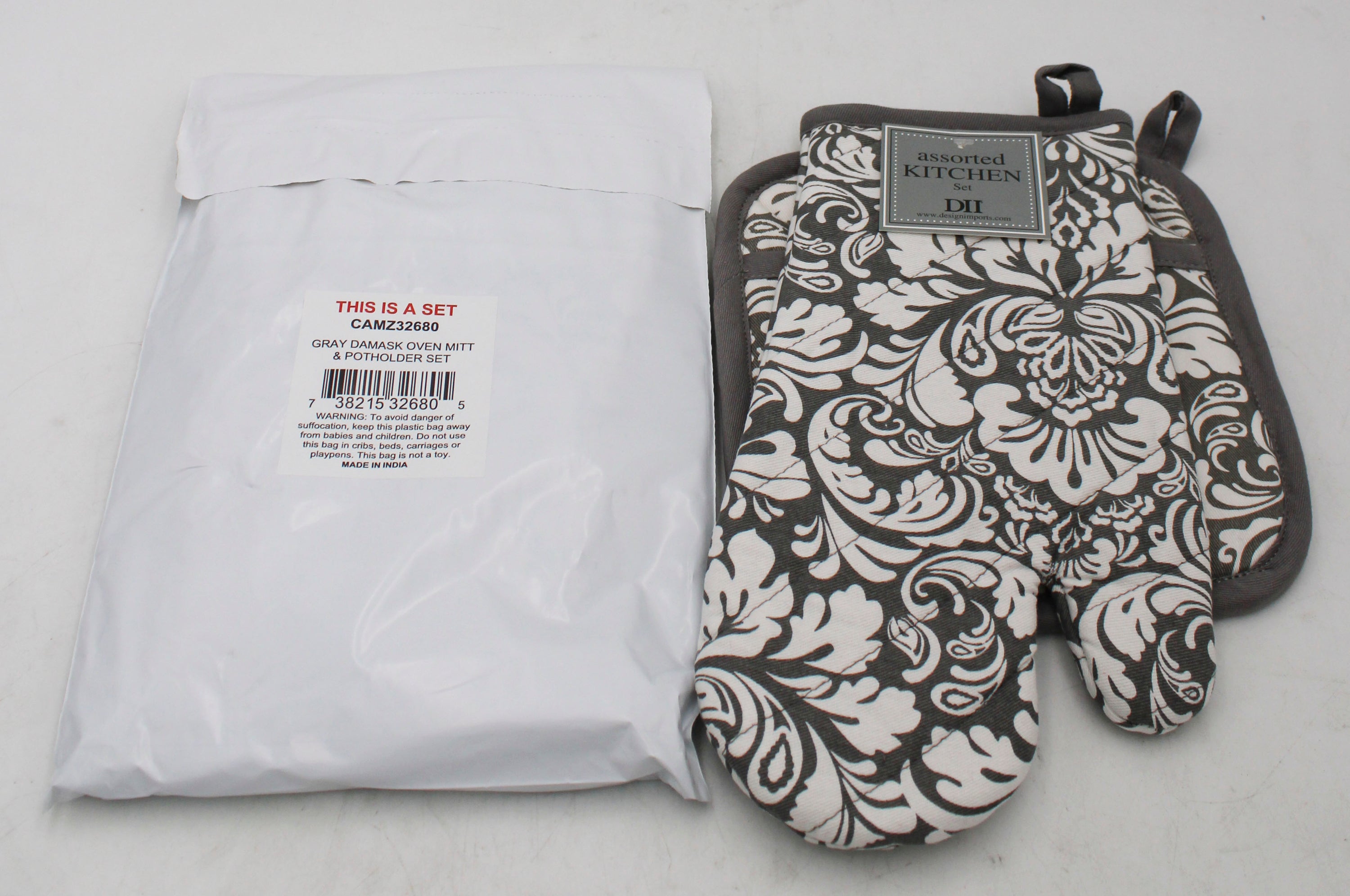 2 CT OVEN MITT & POTHOLDER SET - GRAY DAMASK