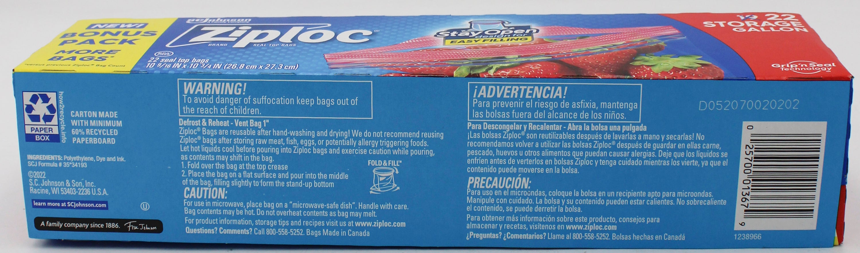 SP ZIPLOC BAG STORAGE 22CT GALLON