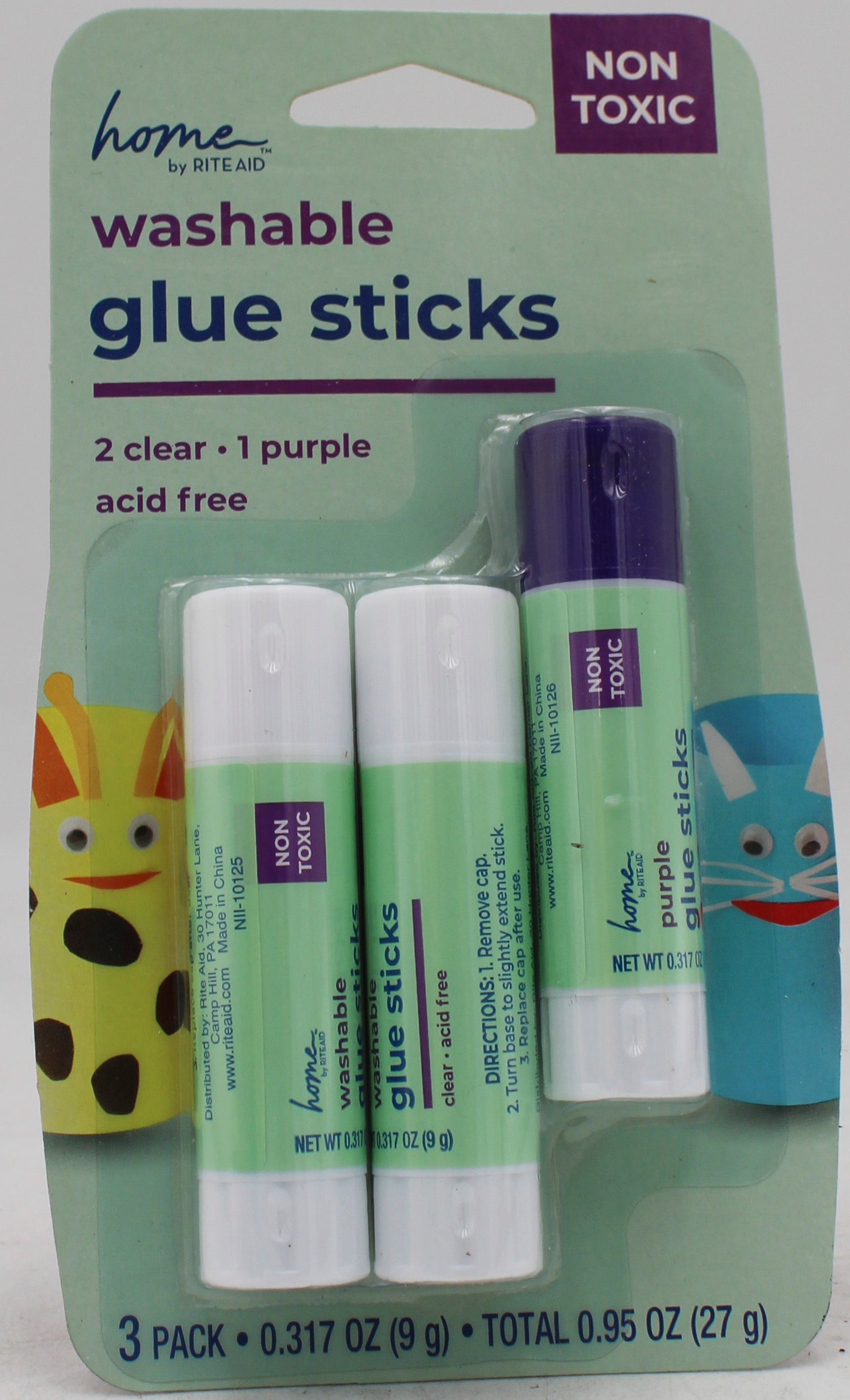 RITE AID 3PK GLUE STICK - 2 CLEAR + 1 BONUS PURPLE