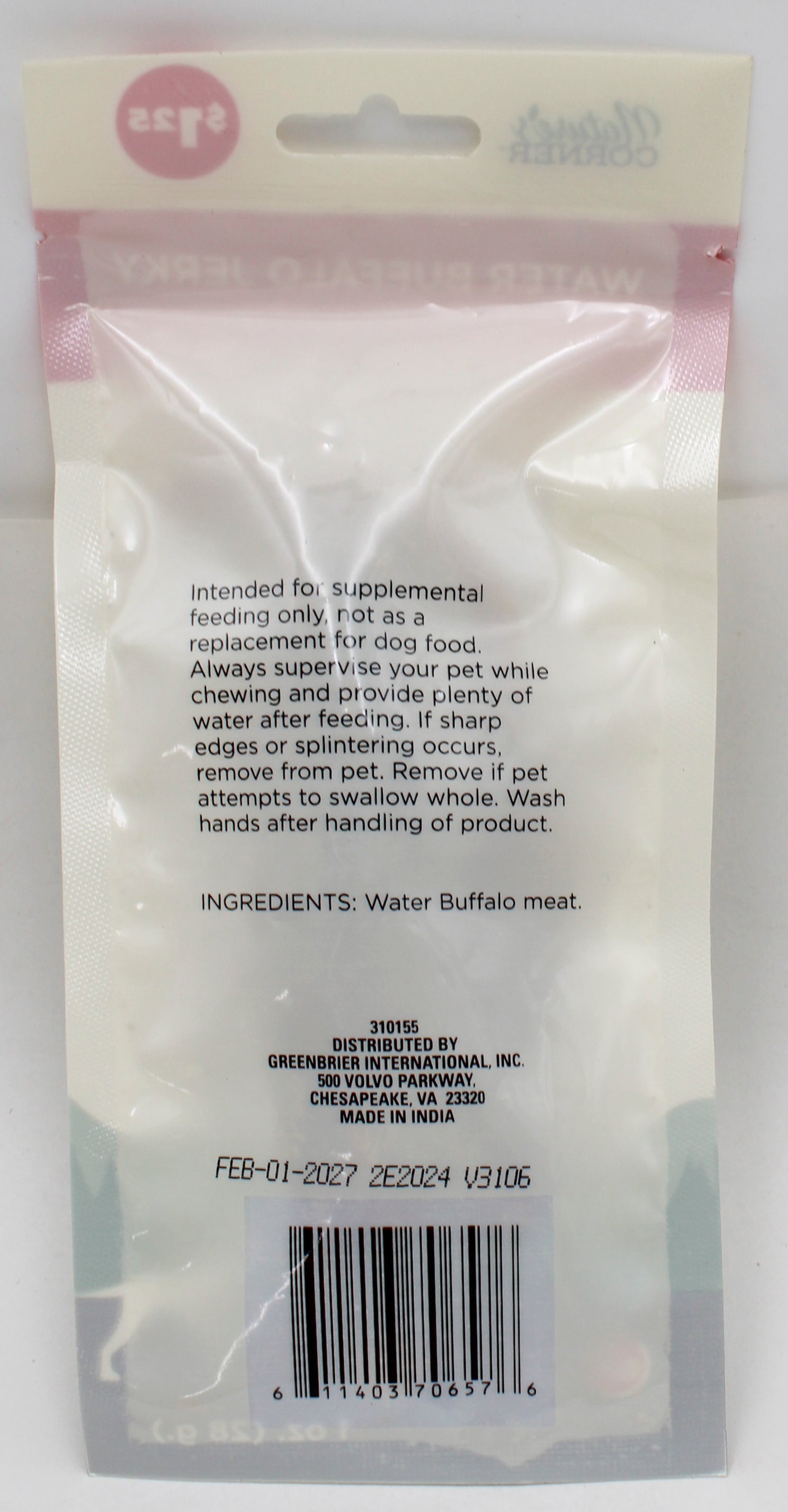 NATURE'S CORNER PIG EAR CHEW .5oz., WATER BUFFALO JERKEY 1oz. BB 2.1.27