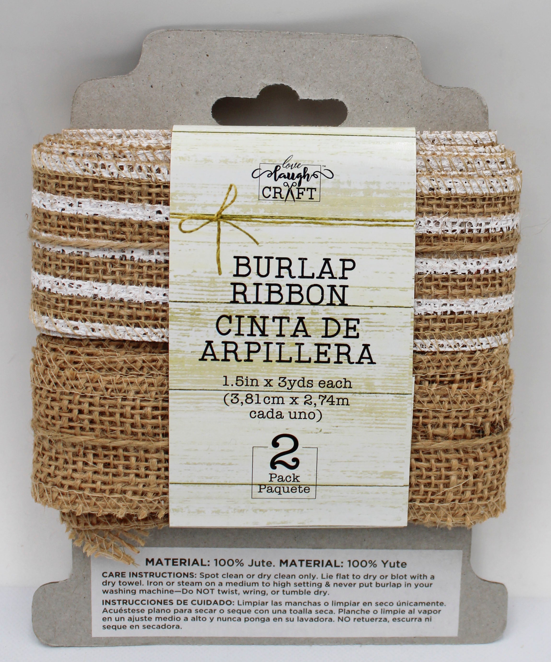 1.5 IN   X 3 YD   SET - NATURAL BURLAP RIBBON AND WHITE SCREENPRINT STRIPE NATURAL RIBBON - FRAYED EDGES