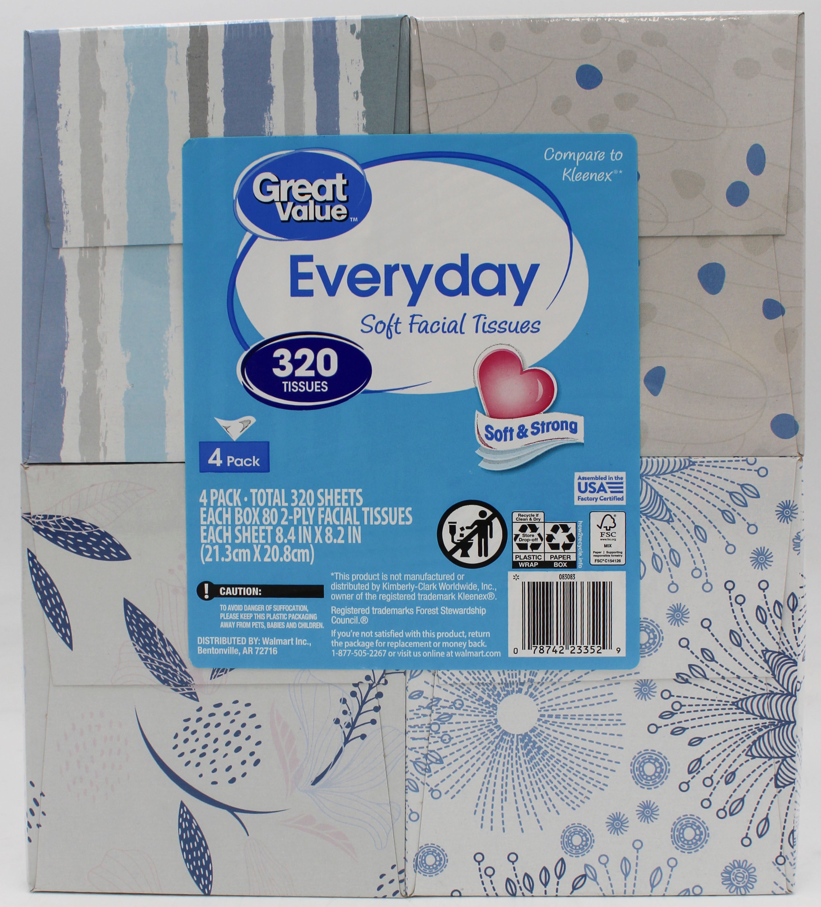 4PK GREAT VALUE 2-PLY EVERYDAY SOFT FACIAL TISSUES 320CT