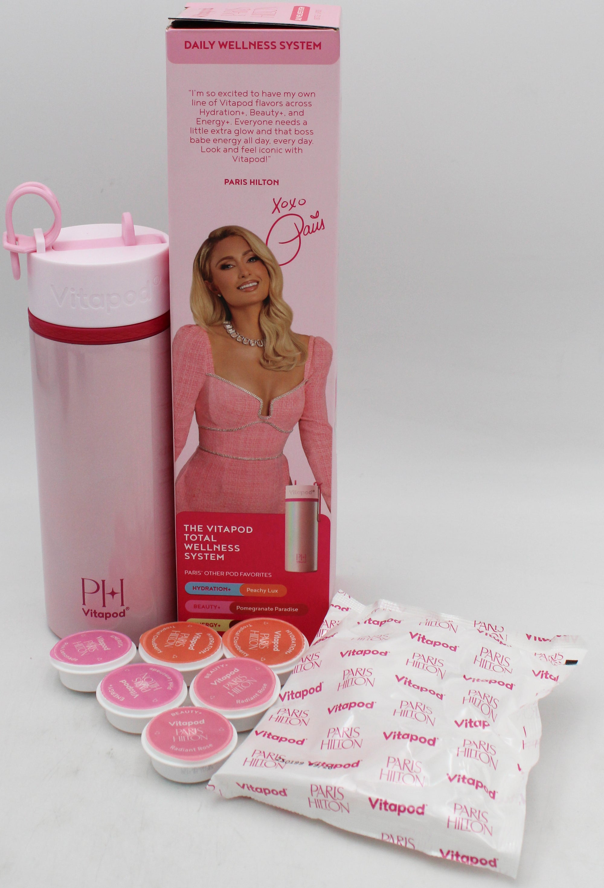 PARIS HILTON 22OZ HYDRATION BOTTLE W/ STRAW + 6 VITAPODS SYSTEM - PINK EXP-09/2026