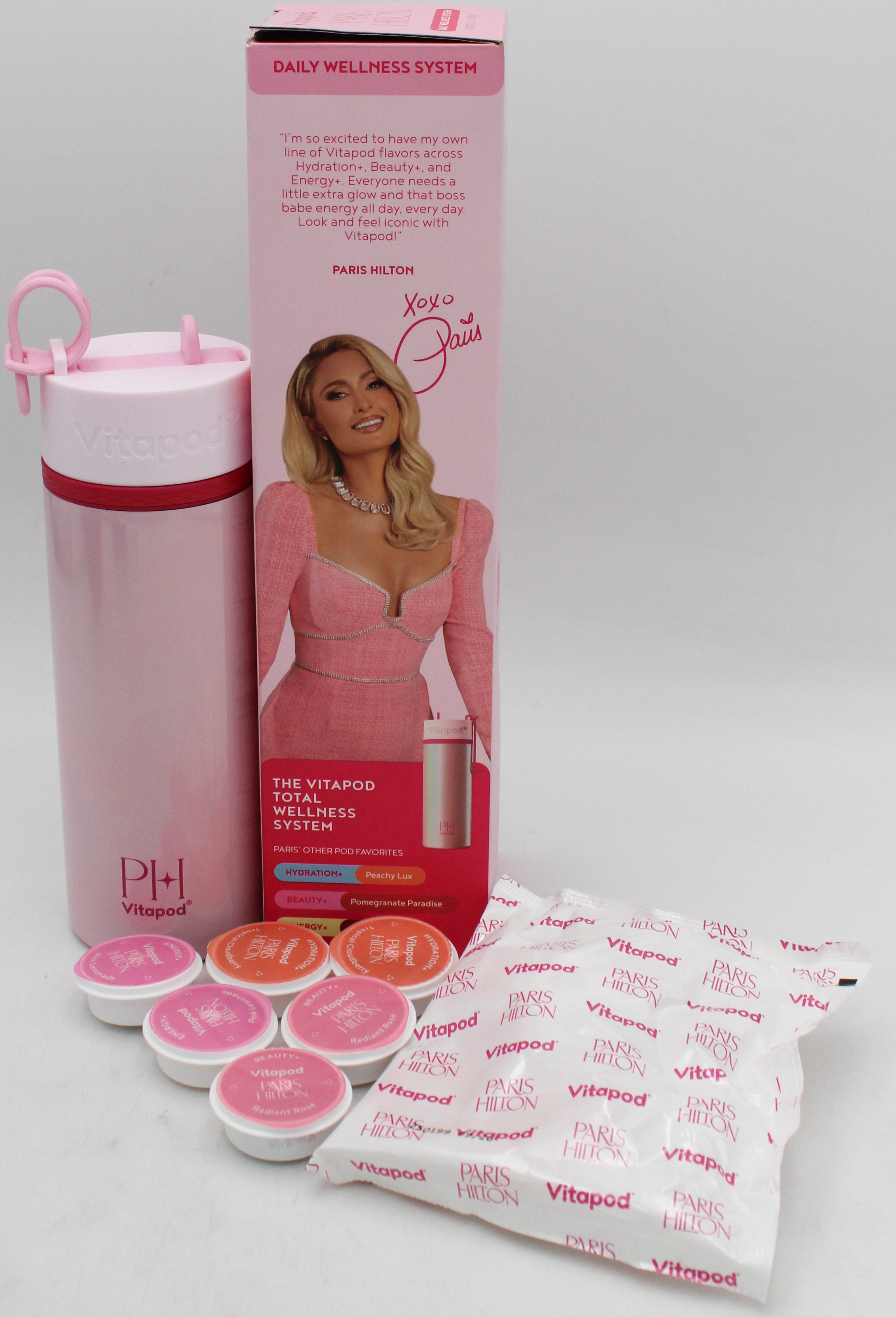 PARIS HILTON 22OZ HYDRATION BOTTLE W/ STRAW + 6 VITAPODS SYSTEM - PINK EXP-09/2026