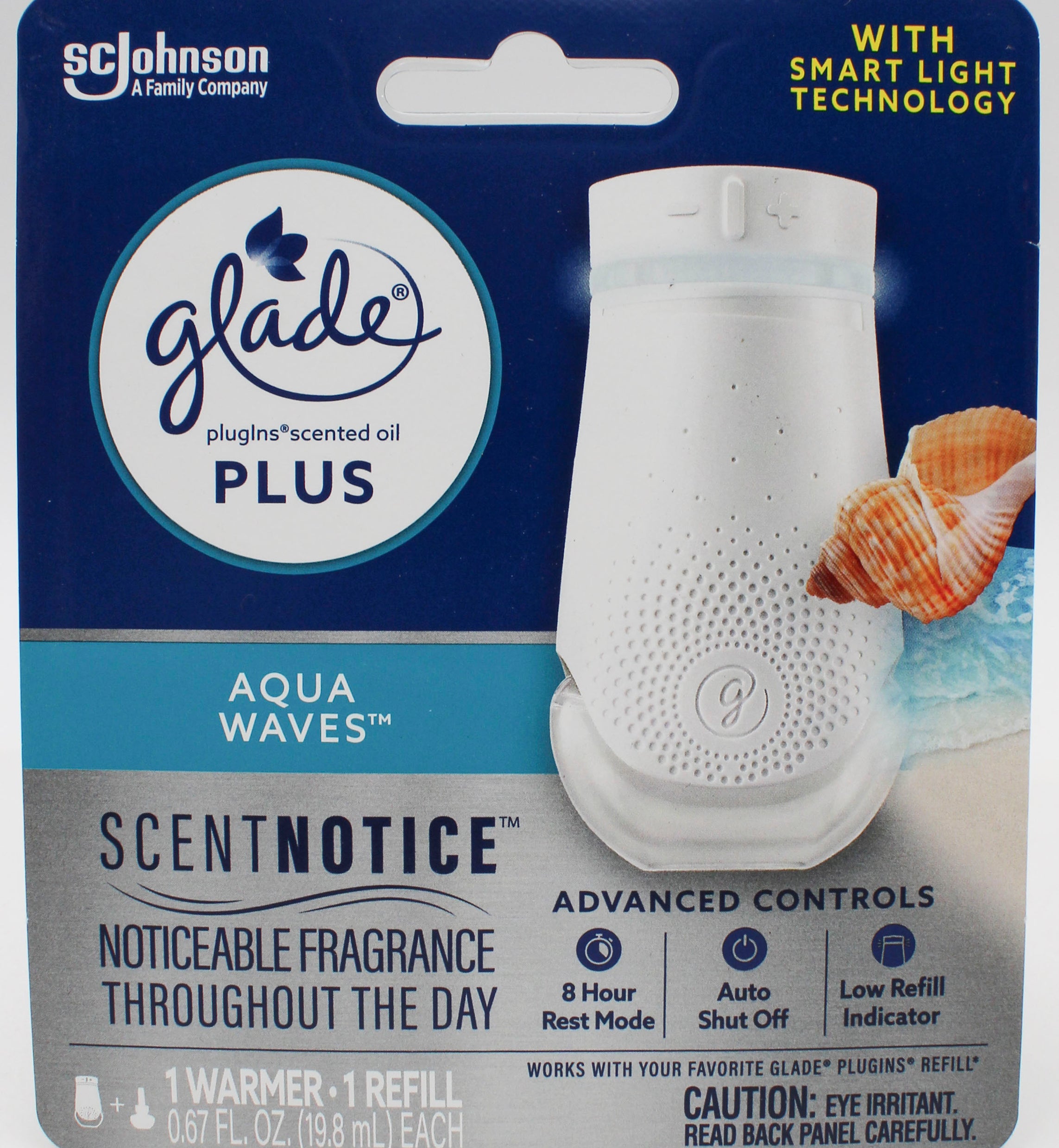 GLADE PLUGINS SMART LIGHT WARMER + 1 REFILL AQUA WAVES 0.67floz US