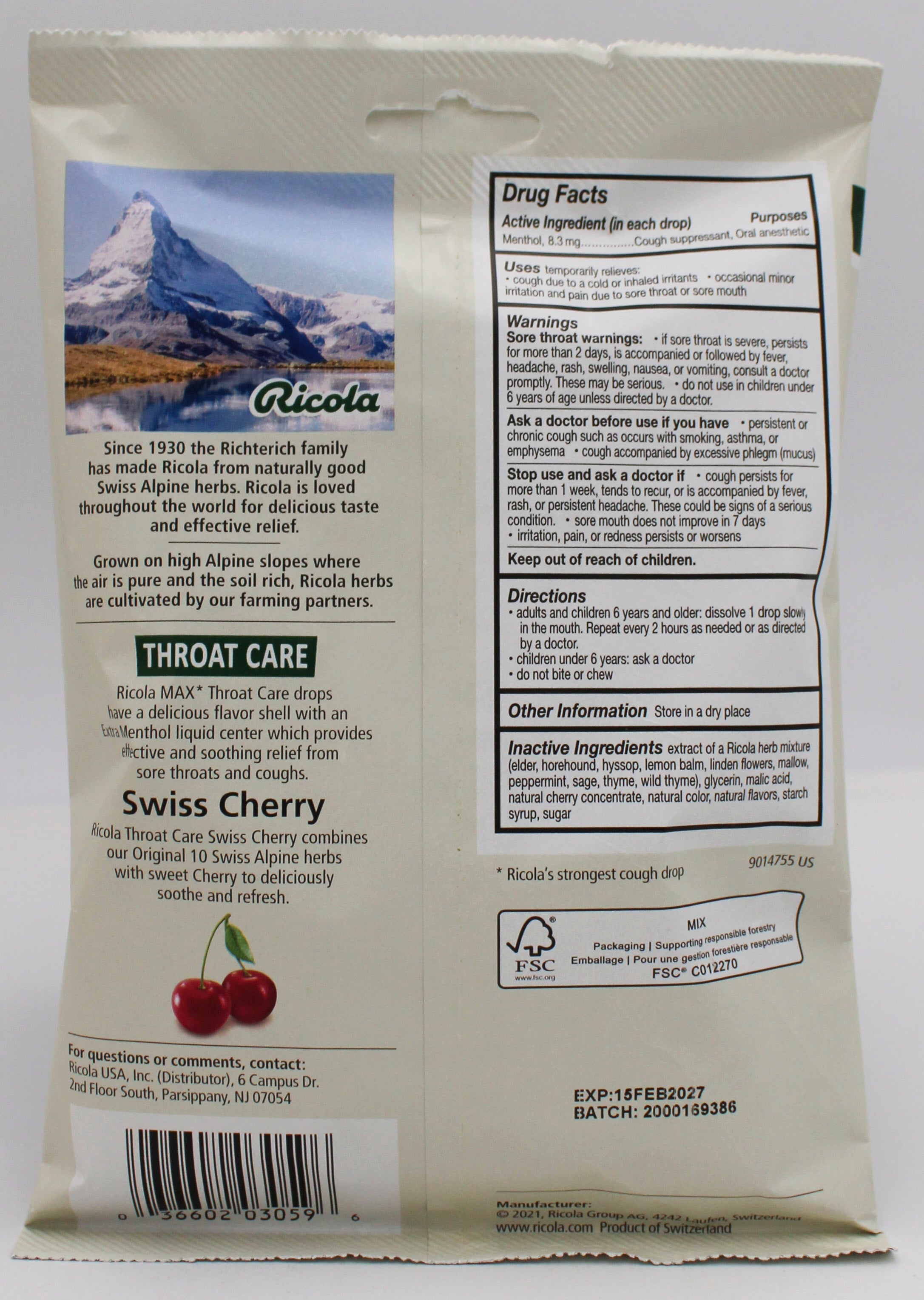 RICOLA 34 CT BAG MAX CHERRY THROAT CARE EXP 2/15/27