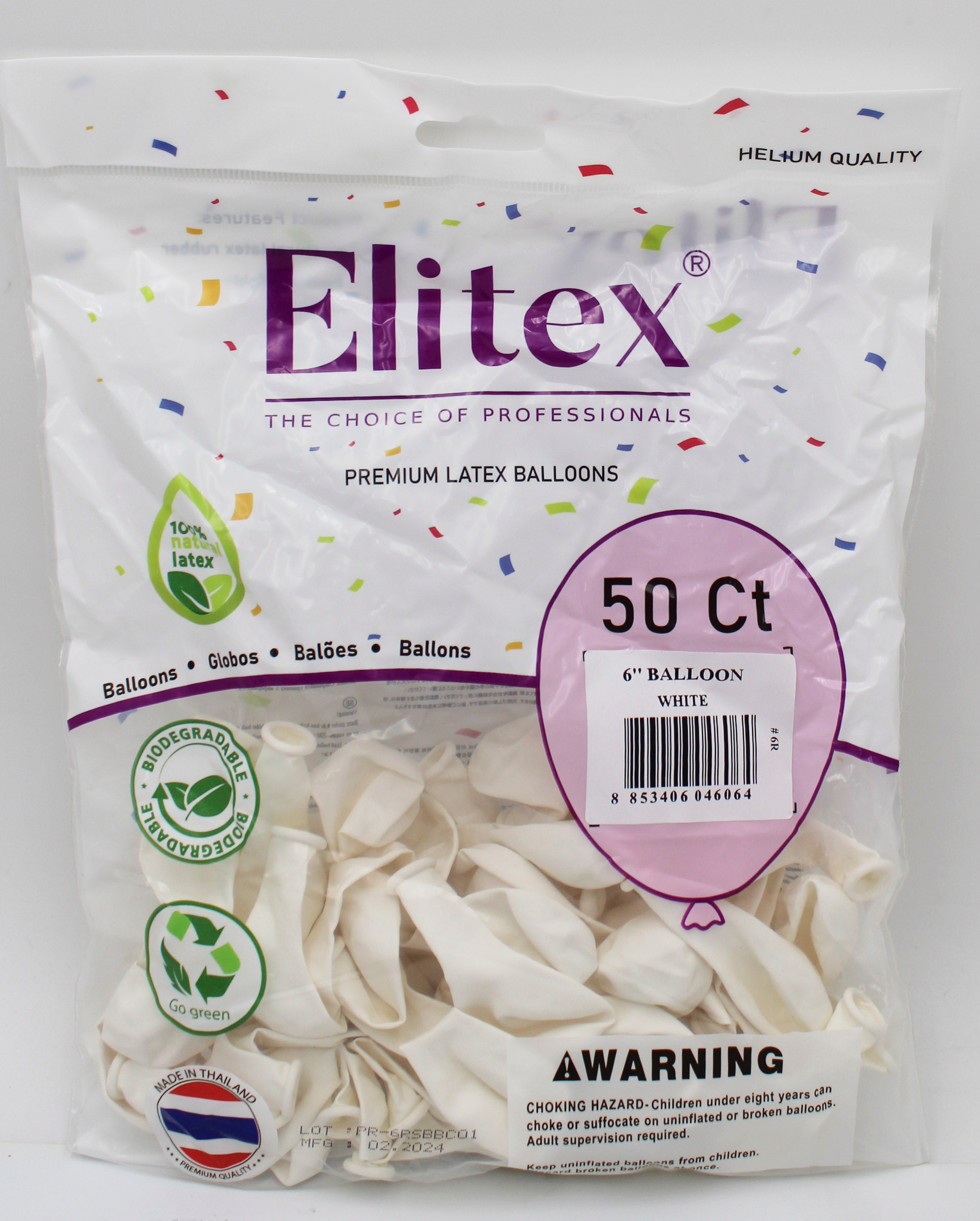 ELITEX 6" WHITE ROUND BALLOON, 50 PACK