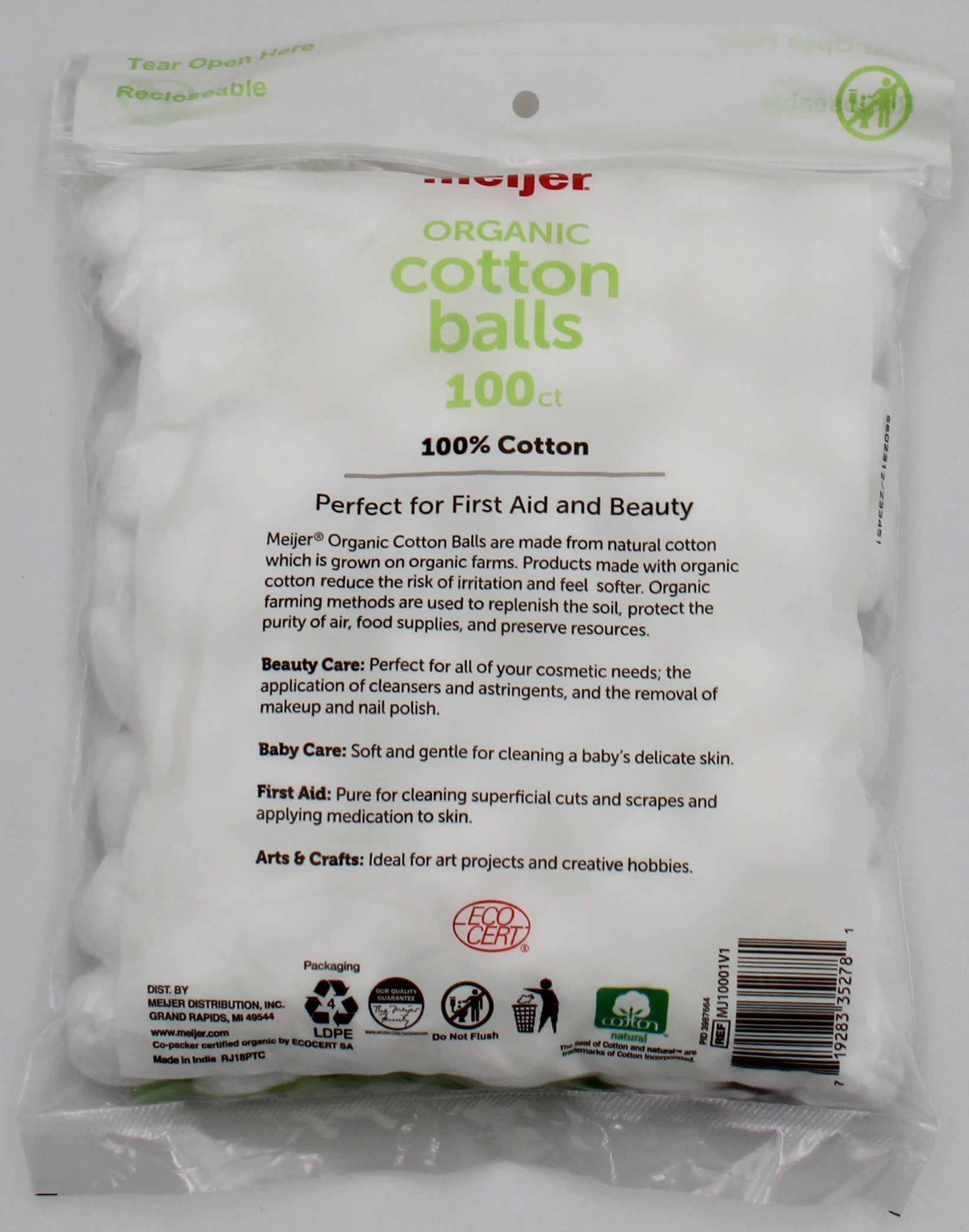 MEIJER 100ct COTTON BALLS ORGANIC