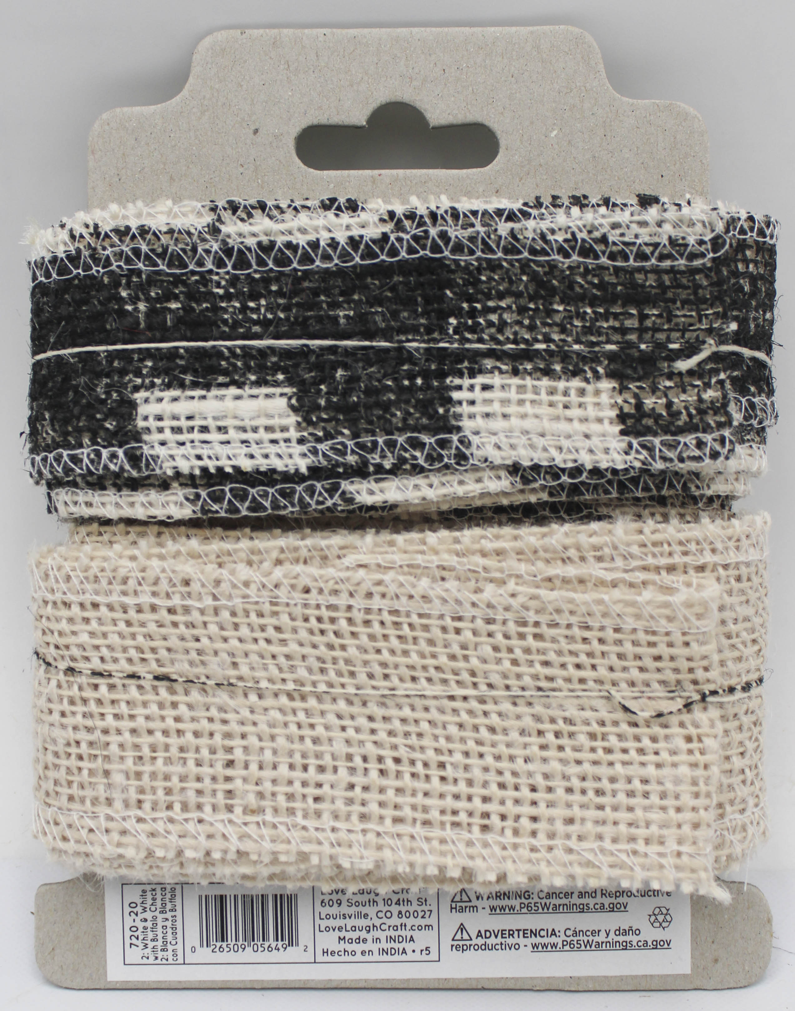 1.5 IN   X 3 YD   SET - WHITE BURLAP RIBBON AND BLACK SCREENPRINT BUFFALO CHECK WHITE RIBBON - FRAYED EDGES