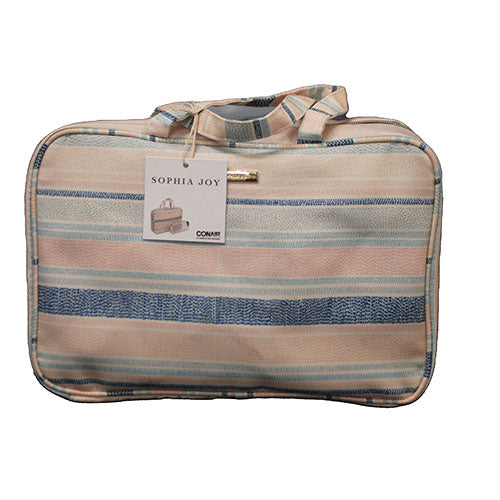 CONAIR SOPHIA JOY 2PC WEEKENDER BAG-PINK/BLUE DOTTED STRIPES 12" X 8" NI