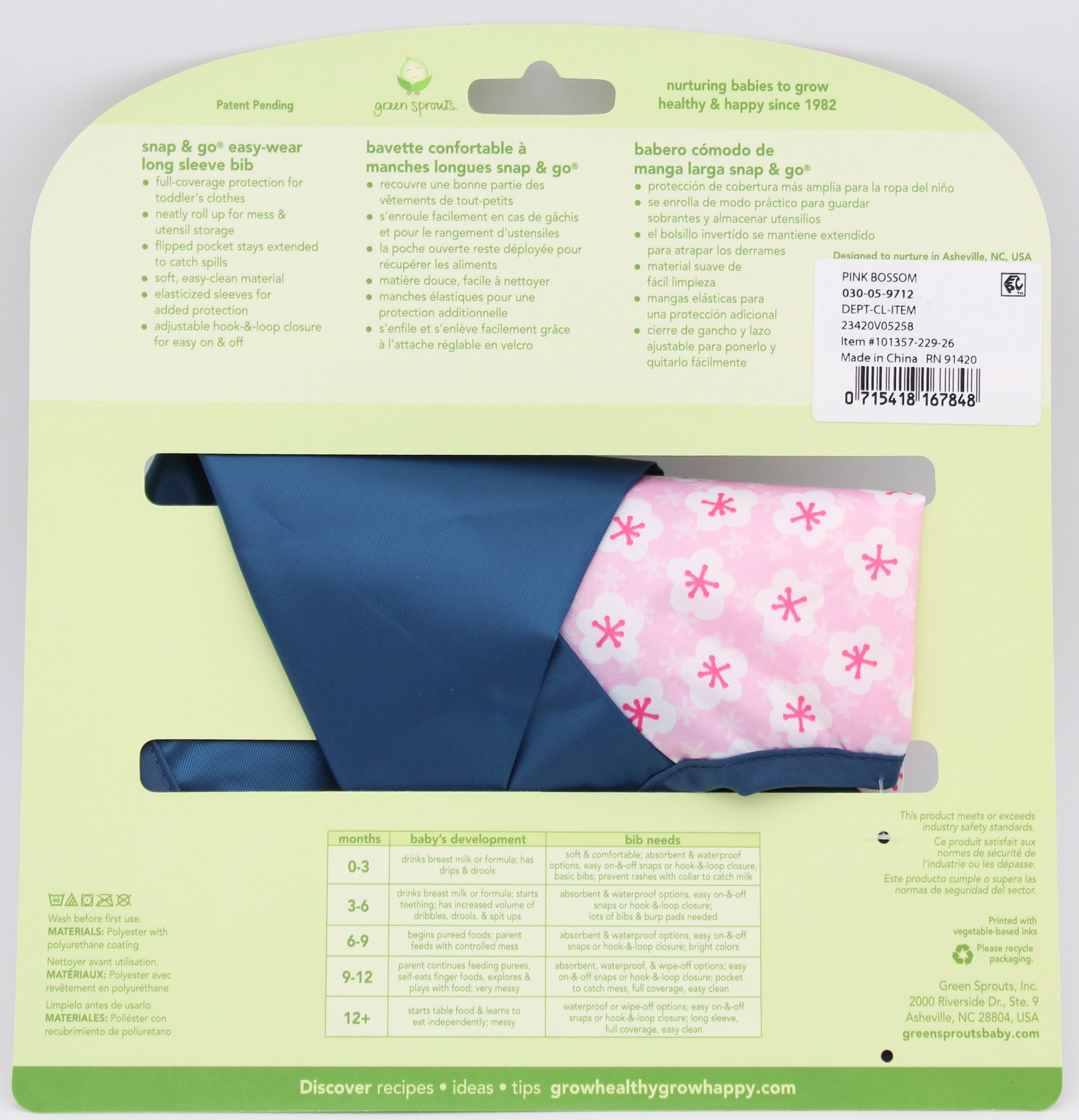 O2COOL SNAP & GO EASY-WEAR LONG SLEEVE BIB-PINK BLOSSOM-12-24MO NI  CONTAIN PFAS NO SALES TO California, Colorado, Maine, Minnesota, New York, Vermont and Washington.