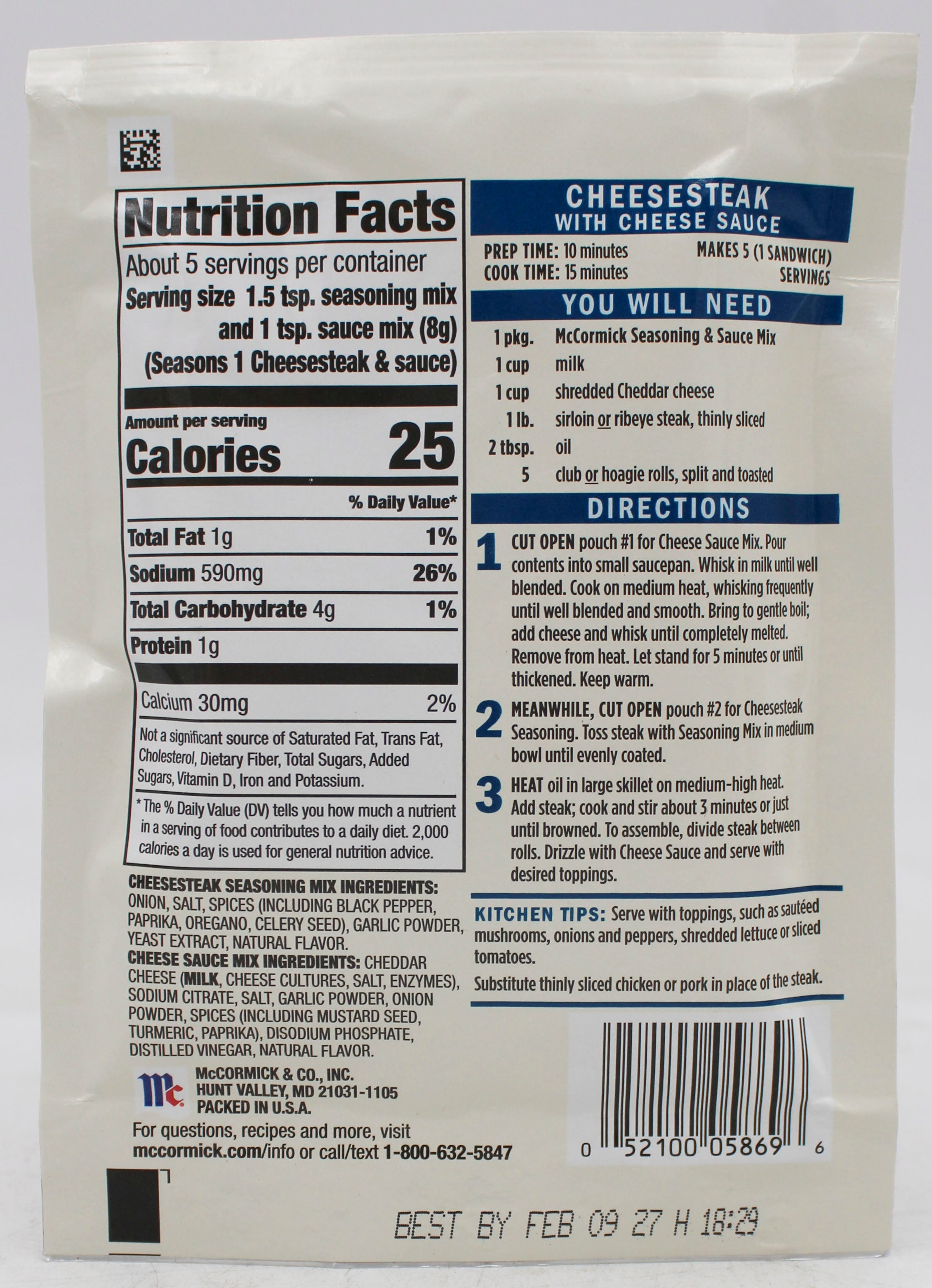 MCCORMICK SEASONING & SAUCE CHEESESTEAK WITH CHEESE SAUCE 1.37 OZ Best By  2/9/27