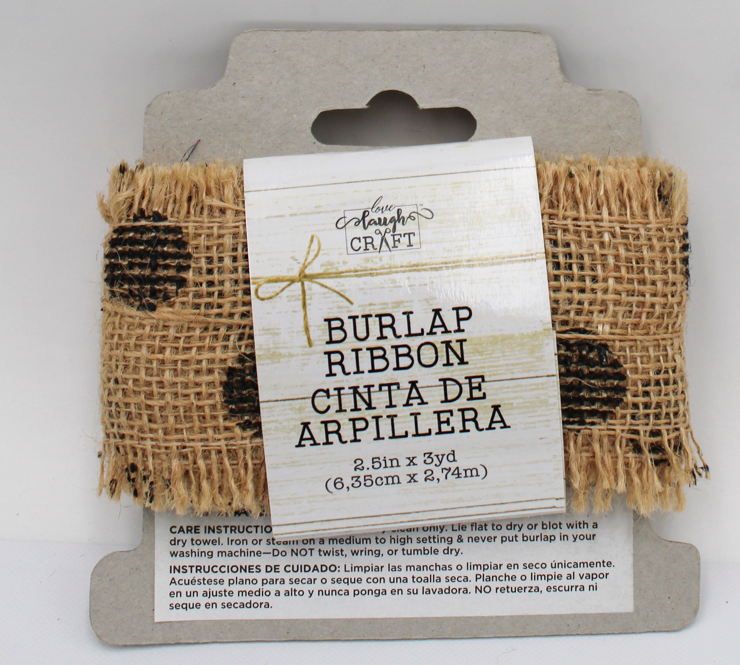 2.5 IN   X 3 YD   NATURAL BURLAP RIBBON - FRAYED EDGES - BLACK SCREENPRINT DOTS
