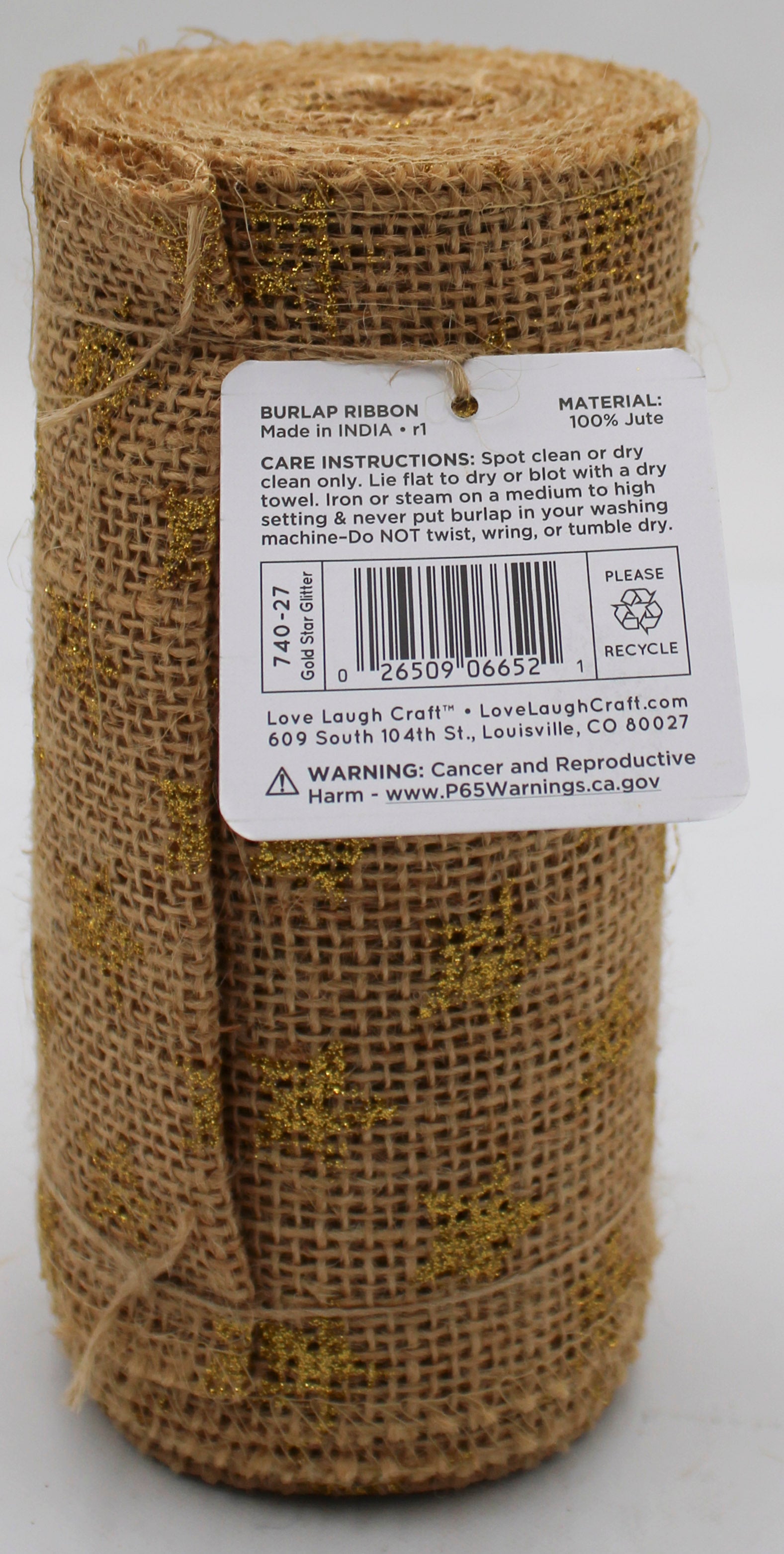 6 IN X 5 YD BURLAP RIBBON - NATURAL GOLD STAR GLITTER