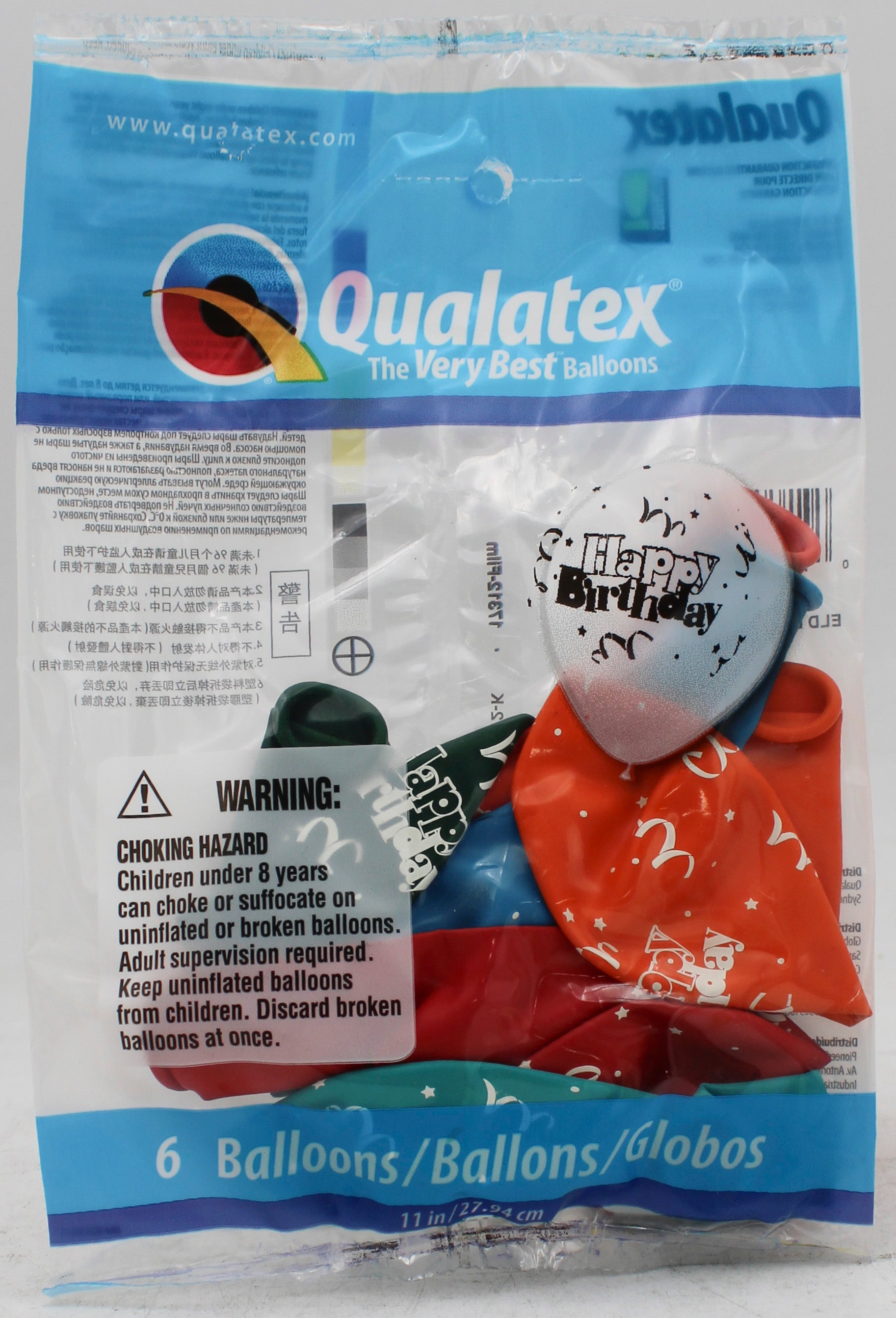 QUALATEX 11" ROUND PARTY BALLOONS AST 6CT BDAY STREAMERS & STARS