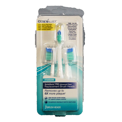 CORE VALUES SMILESONIC PRO ADV CLEAN REPLACEMENT BRUSH HEADS 3PK-STANDARD