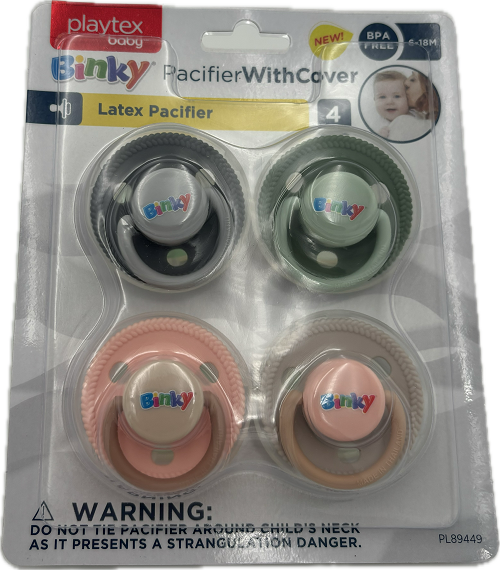 PLAYTEX BINKY LATEX 4PACK PACIFIER WITH COVER ASST COLORS 6-18 MONTHS ...