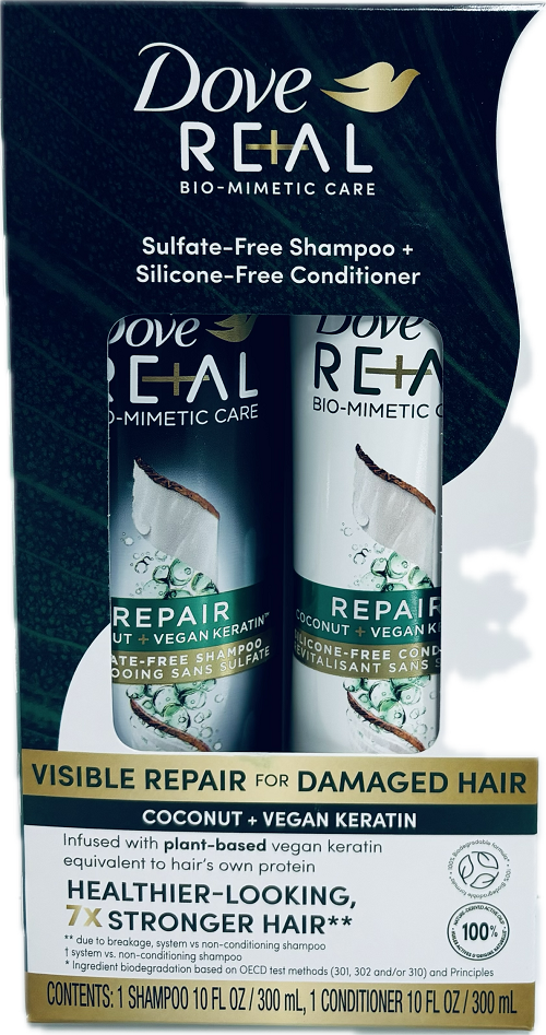 DOVE REAL REPAIR DAMAGE HAIR SHAMPOO/CONDITIONER 2CT 10oz COCONUT+VEGAN KARETIN