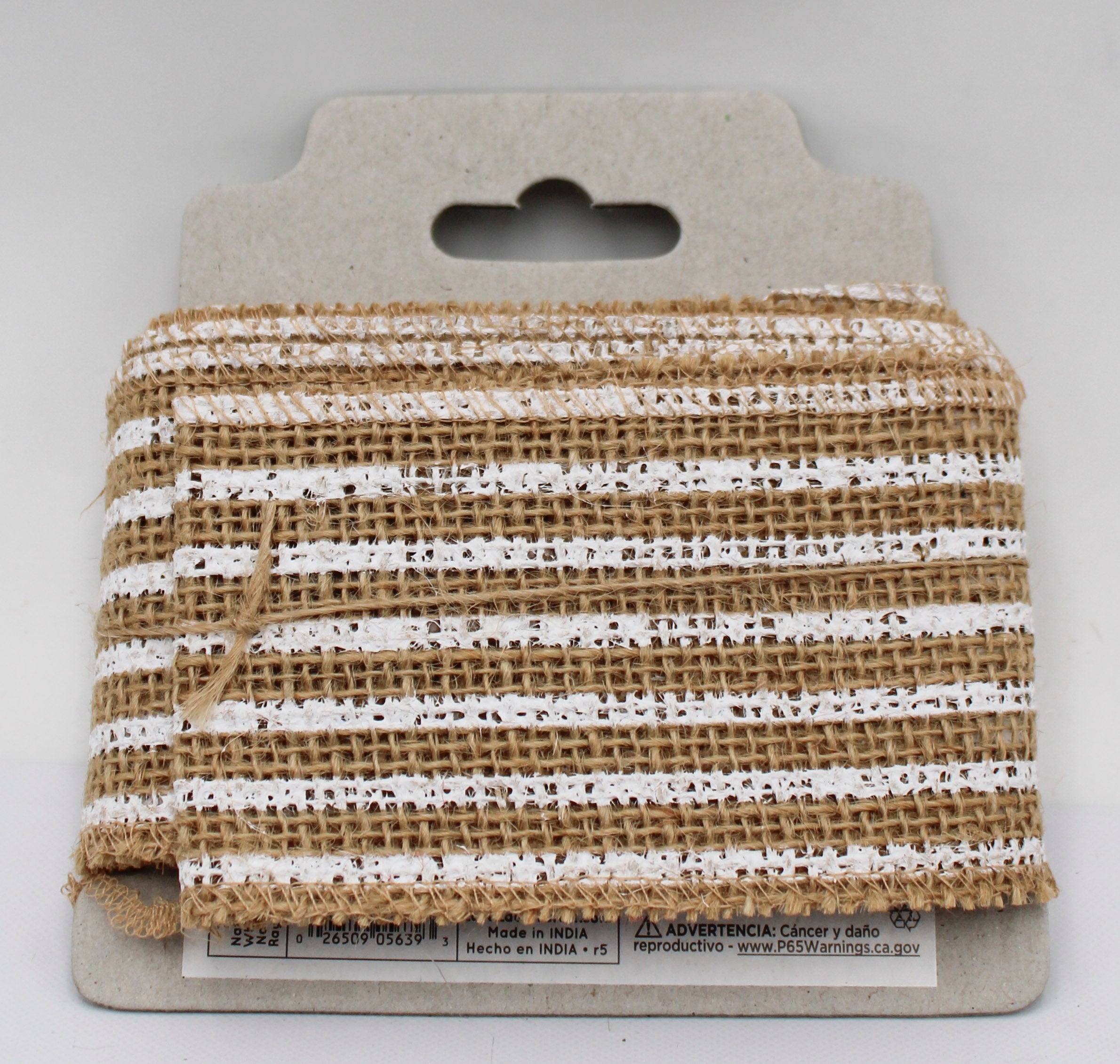 2.5 IN   X 3 YD   NATURAL BURLAP RIBBON - FRAYED EDGES - WHITE SCREENPRINT STRIPE