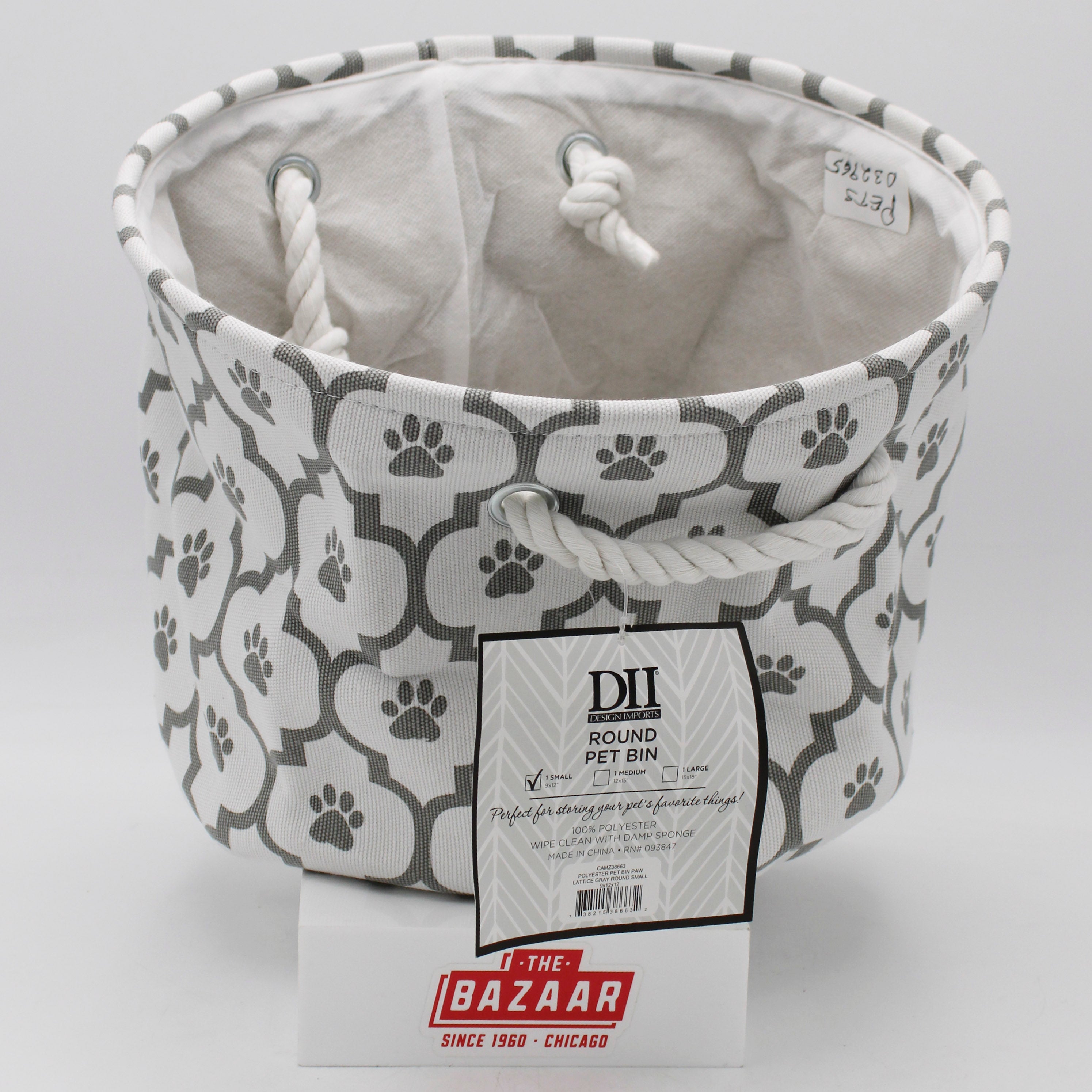 POLYESTER PET BIN PAW LATTICE GRAY ROUND SMALL 9x12x12