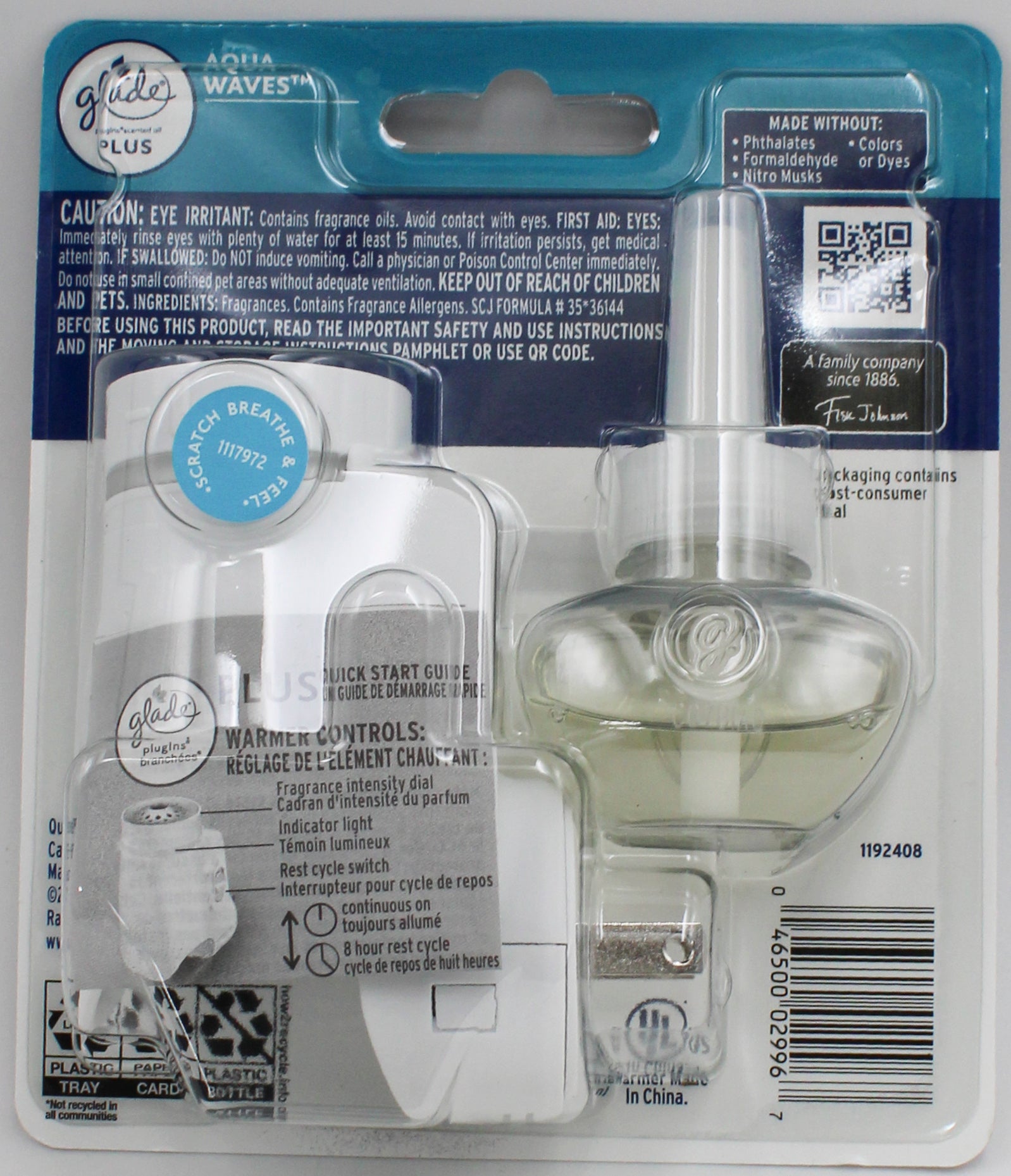 GLADE PLUGINS SMART LIGHT WARMER + 1 REFILL AQUA WAVES 0.67floz US