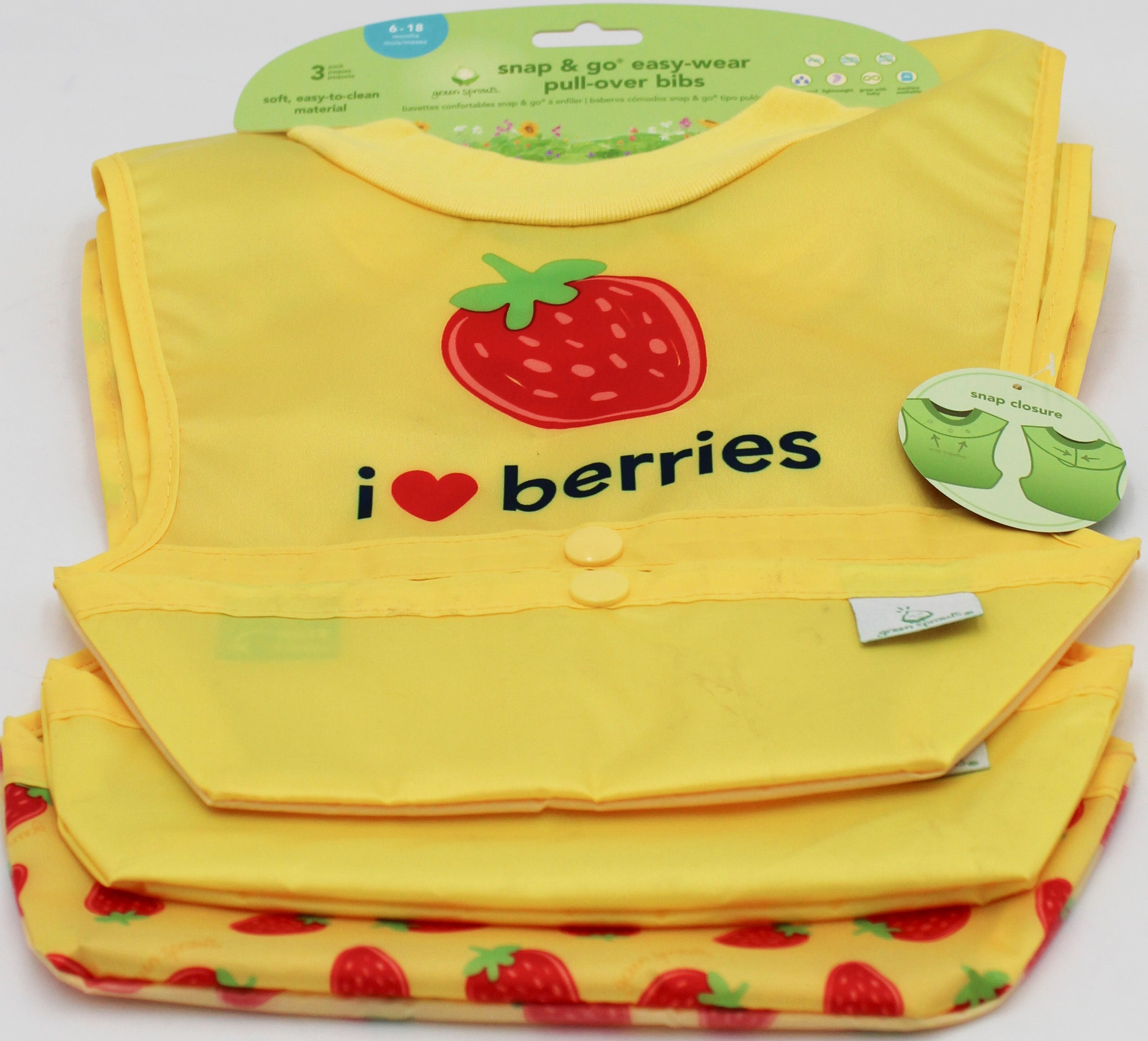O2COOL 3PK SNAP & GO EASY-WEAR PULL-OVER BIB YELLOW BERRIES-6-18 MO