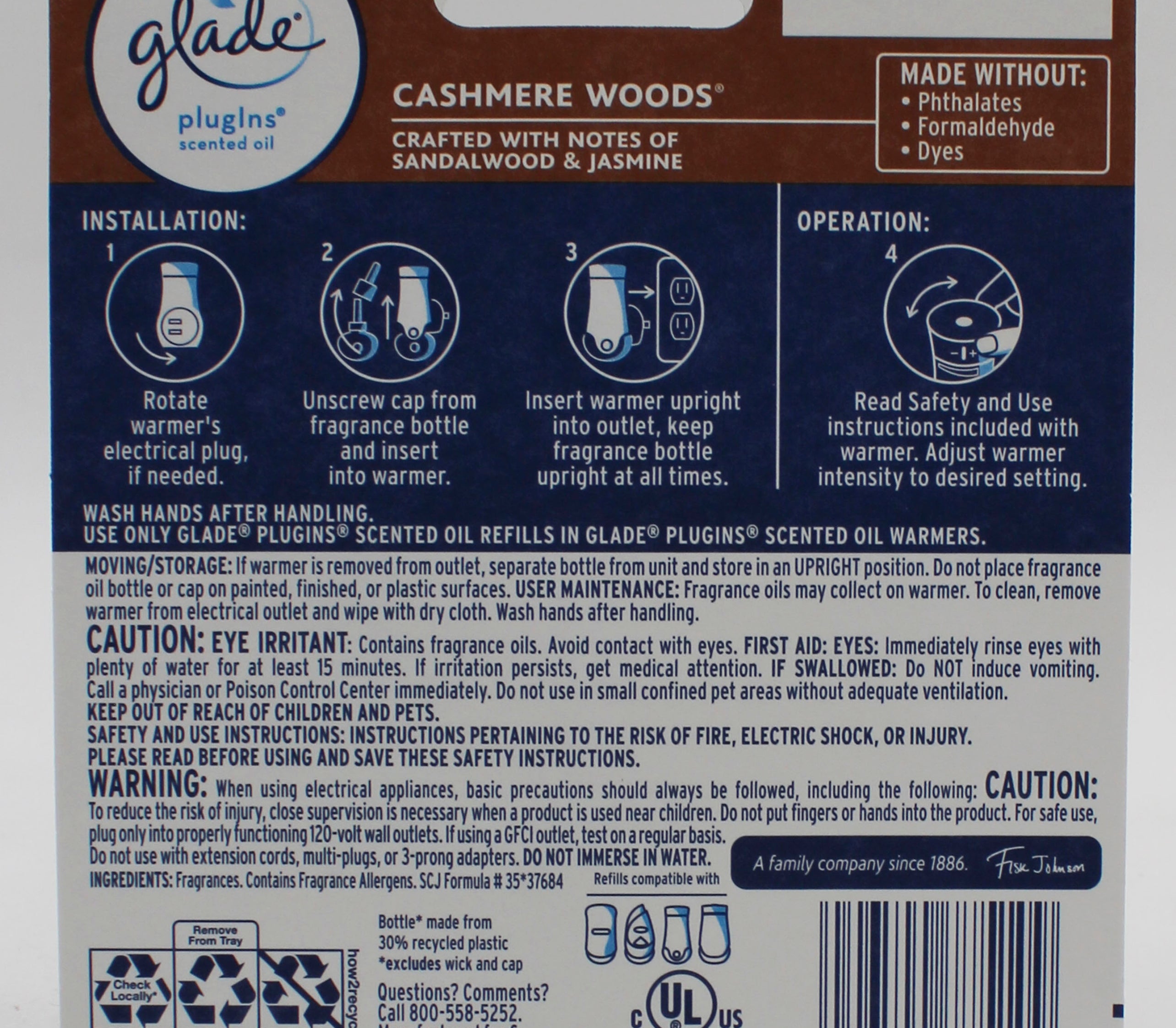 GLADE PLUGINS SCENTED OIL 1 WARMER + 1 REFILL CASHMERE WOODS 0.67oz