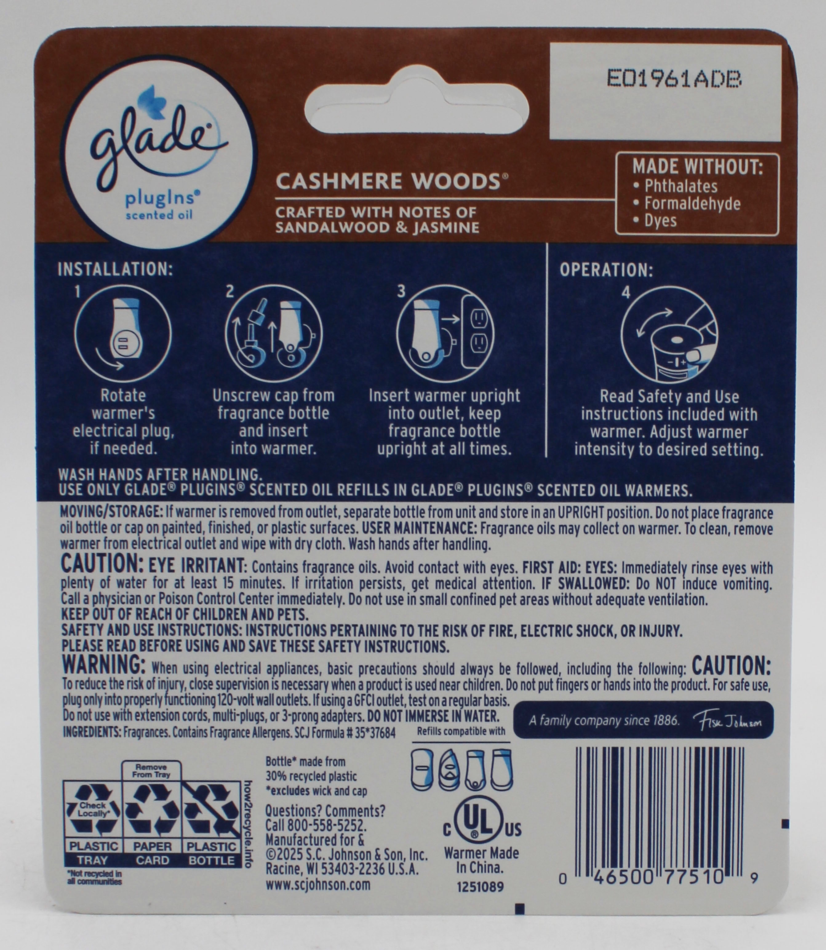 GLADE PLUGINS SCENTED OIL 1 WARMER + 1 REFILL CASHMERE WOODS 0.67oz