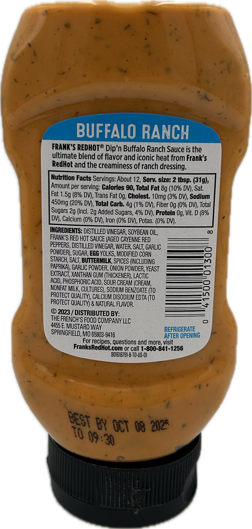 FRANKS REDHOT BUFFALO RANCH DIP'N SAUCE 12floz BB 10/3/25