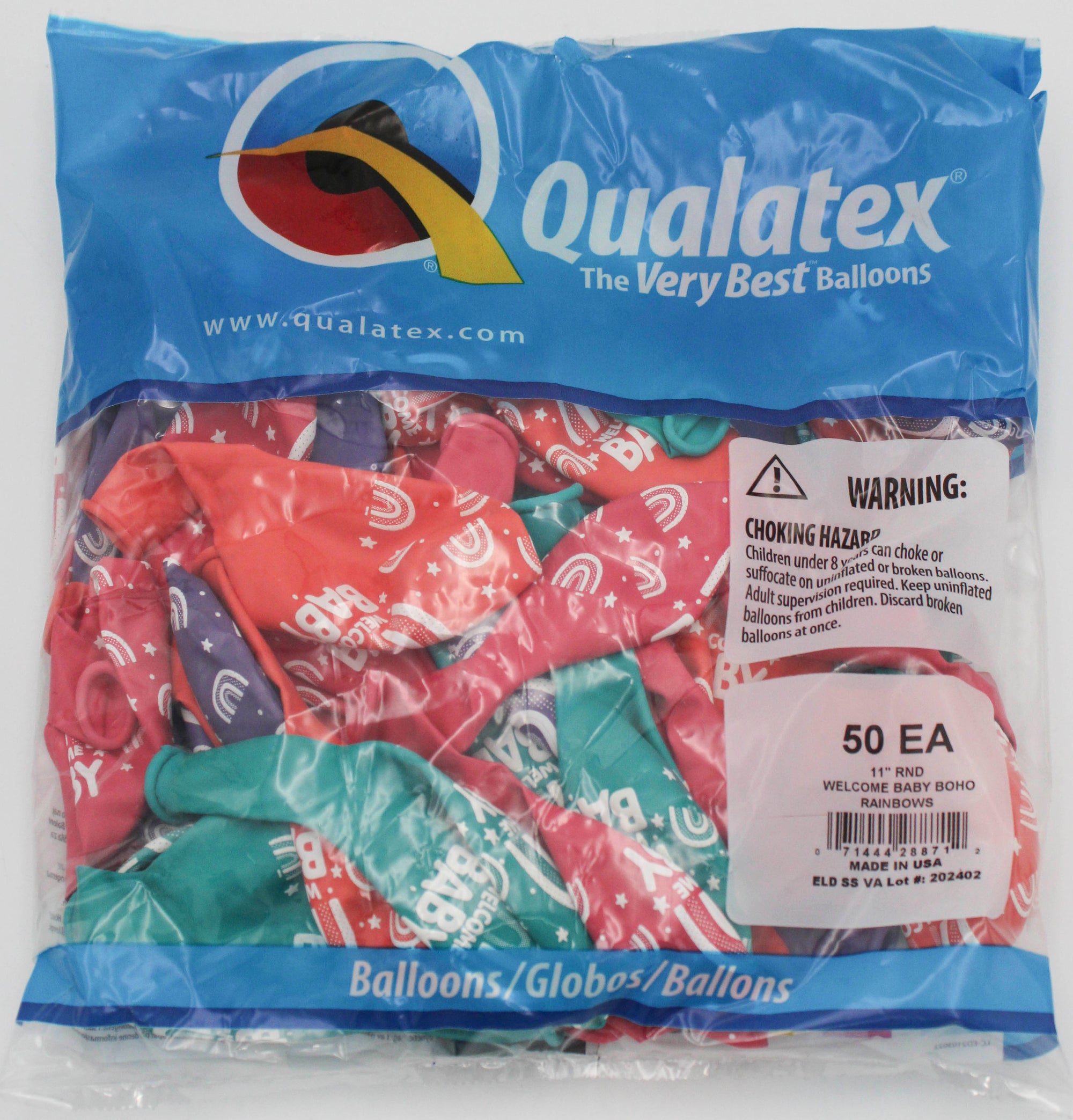 11" ROUND QX LATEX BALLOON AST 50CT WELCOME BABY BOHO RAINBOWS