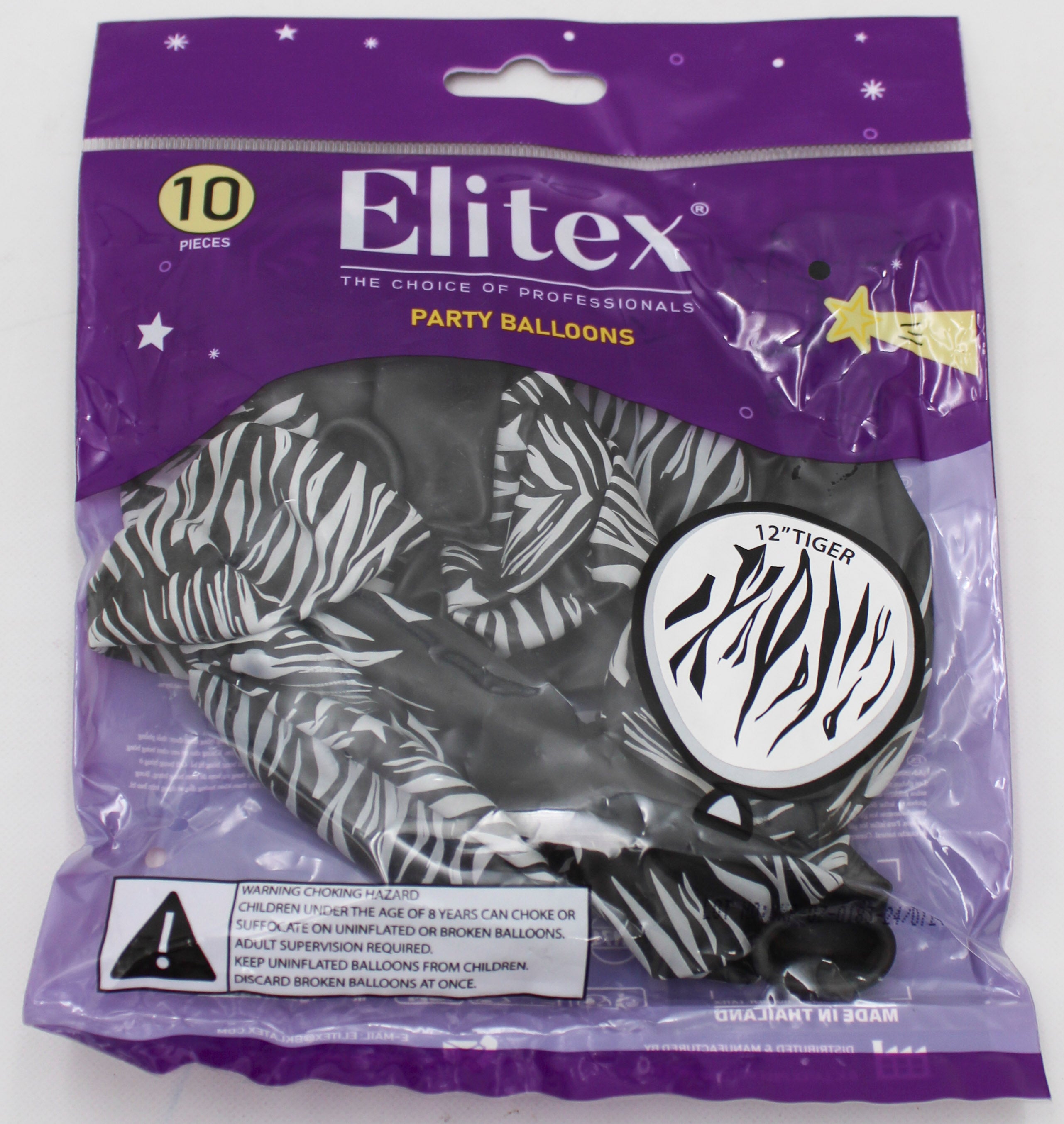 ELITEX 12" TIGER PRINTED BALLOON, BLACK/SILVER, 10 PACK